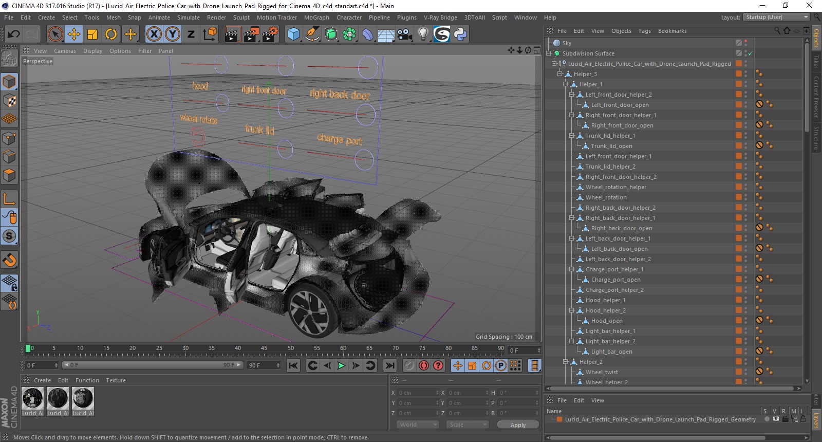 Lucid Air Electric Police Car with Drone Launch Pad Rigged for Cinema 4D 3D