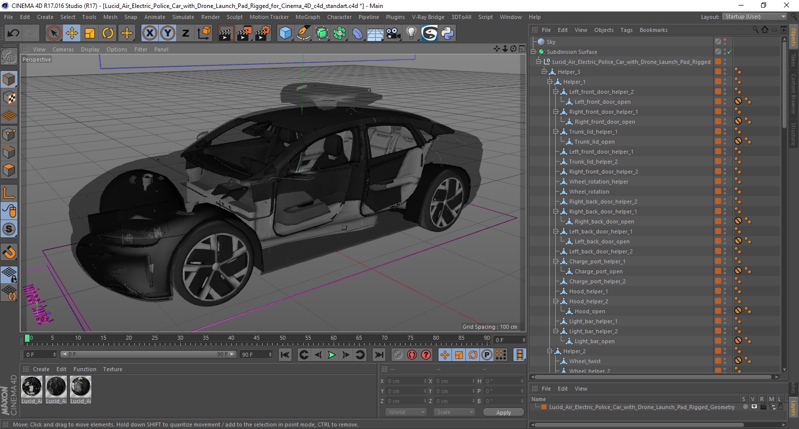 Lucid Air Electric Police Car with Drone Launch Pad Rigged for Cinema 4D 3D