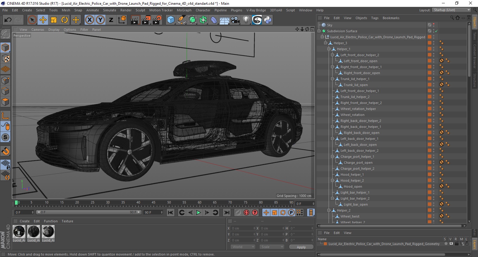 Lucid Air Electric Police Car with Drone Launch Pad Rigged for Cinema 4D 3D