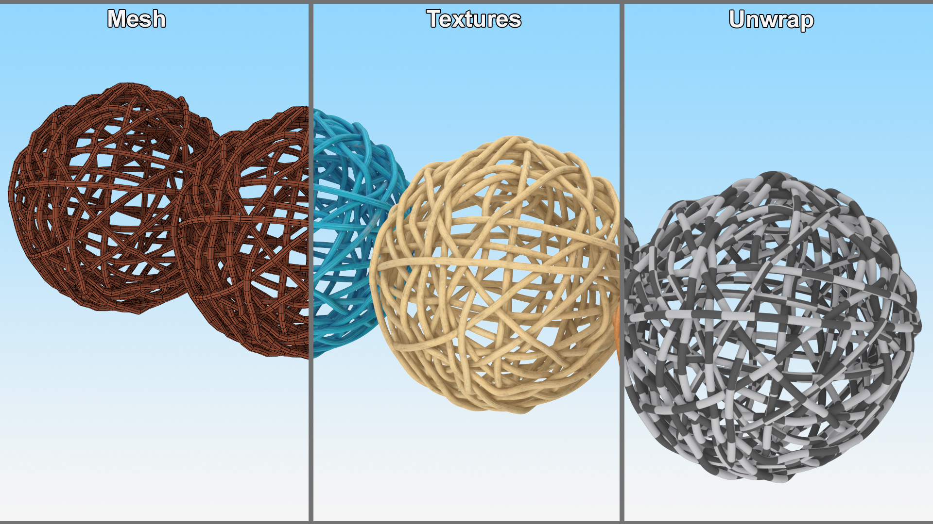 3D model Decorative Multicolor Wicker Rattan Balls Set