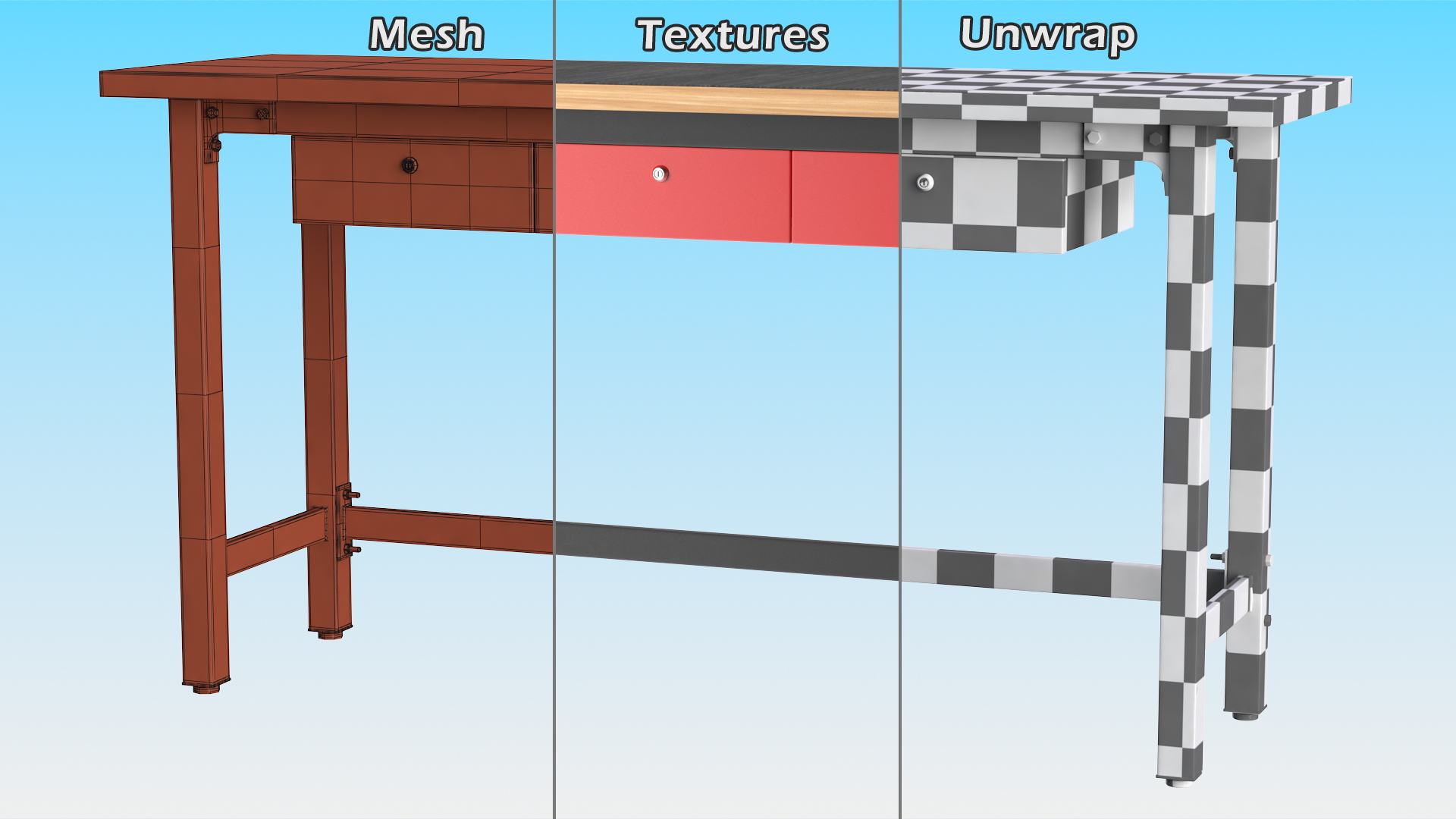 3D Red Wood Work Garage Bench