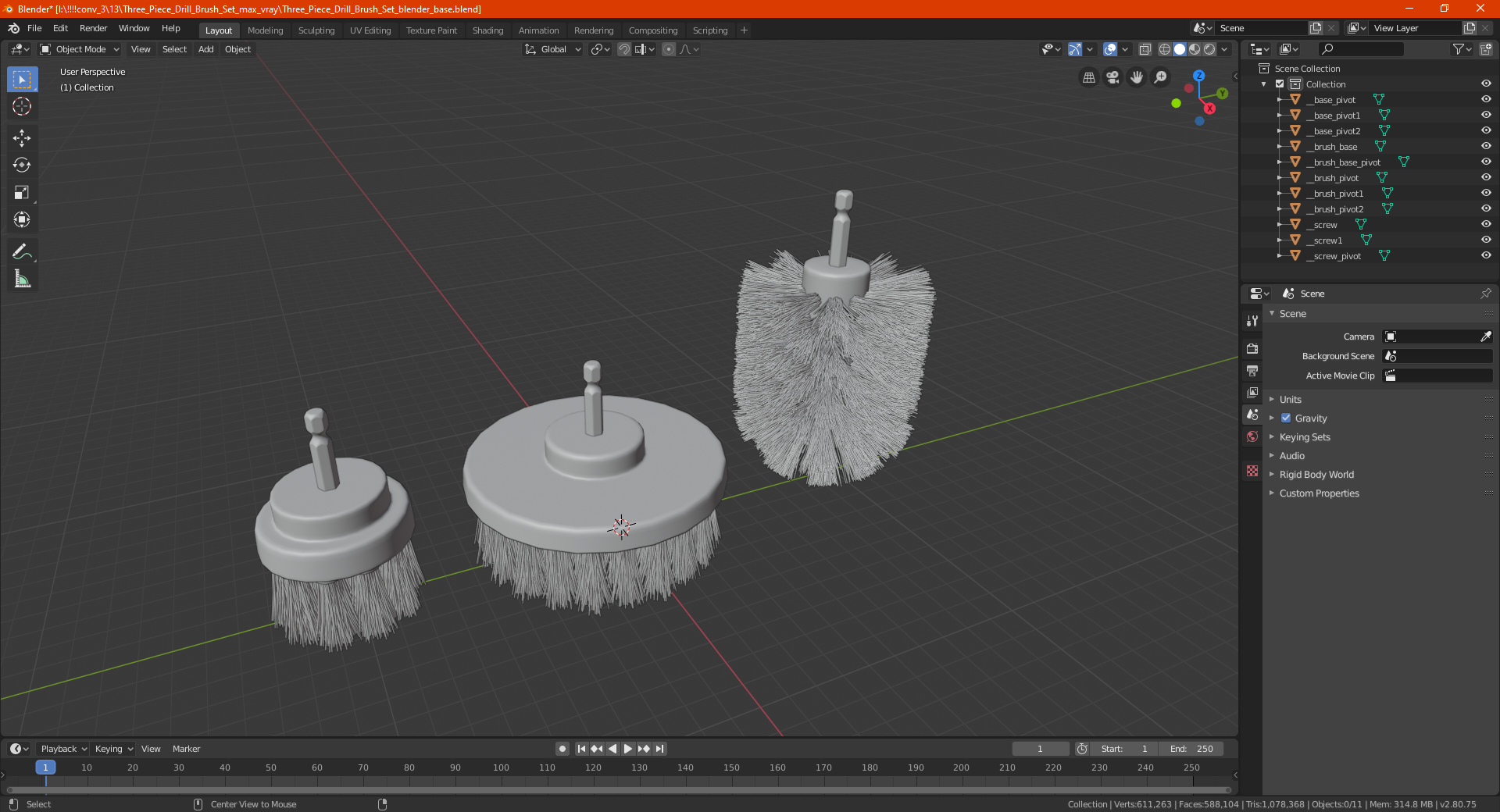 Three Piece Drill Brush Set 3D
