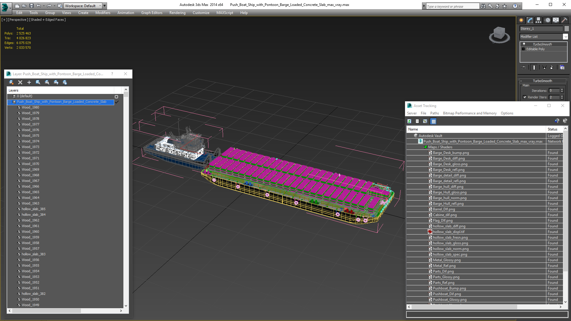 Push Boat Ship with Pontoon Barge Loaded Concrete Slab 3D model