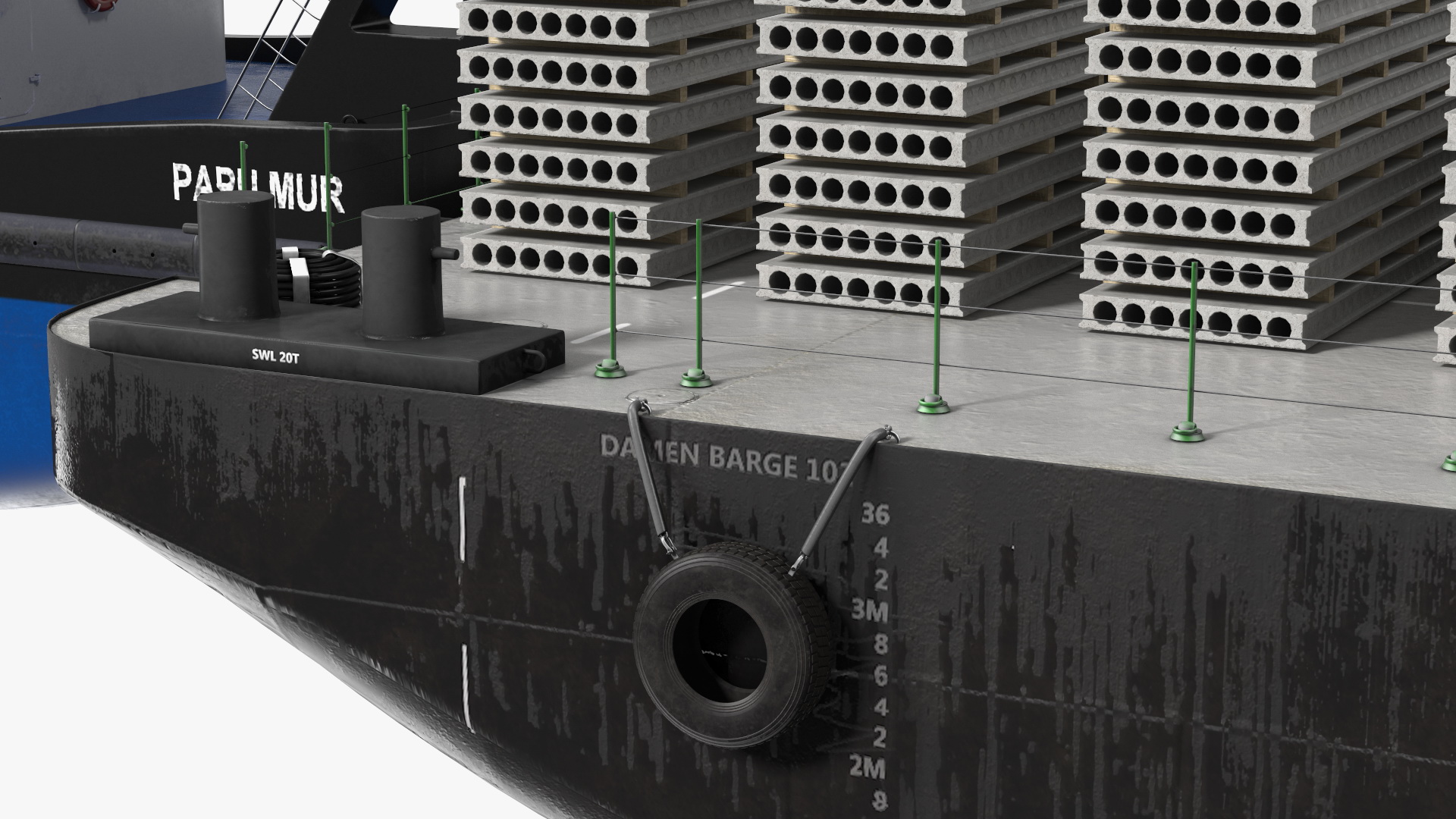 Push Boat Ship with Pontoon Barge Loaded Concrete Slab 3D model