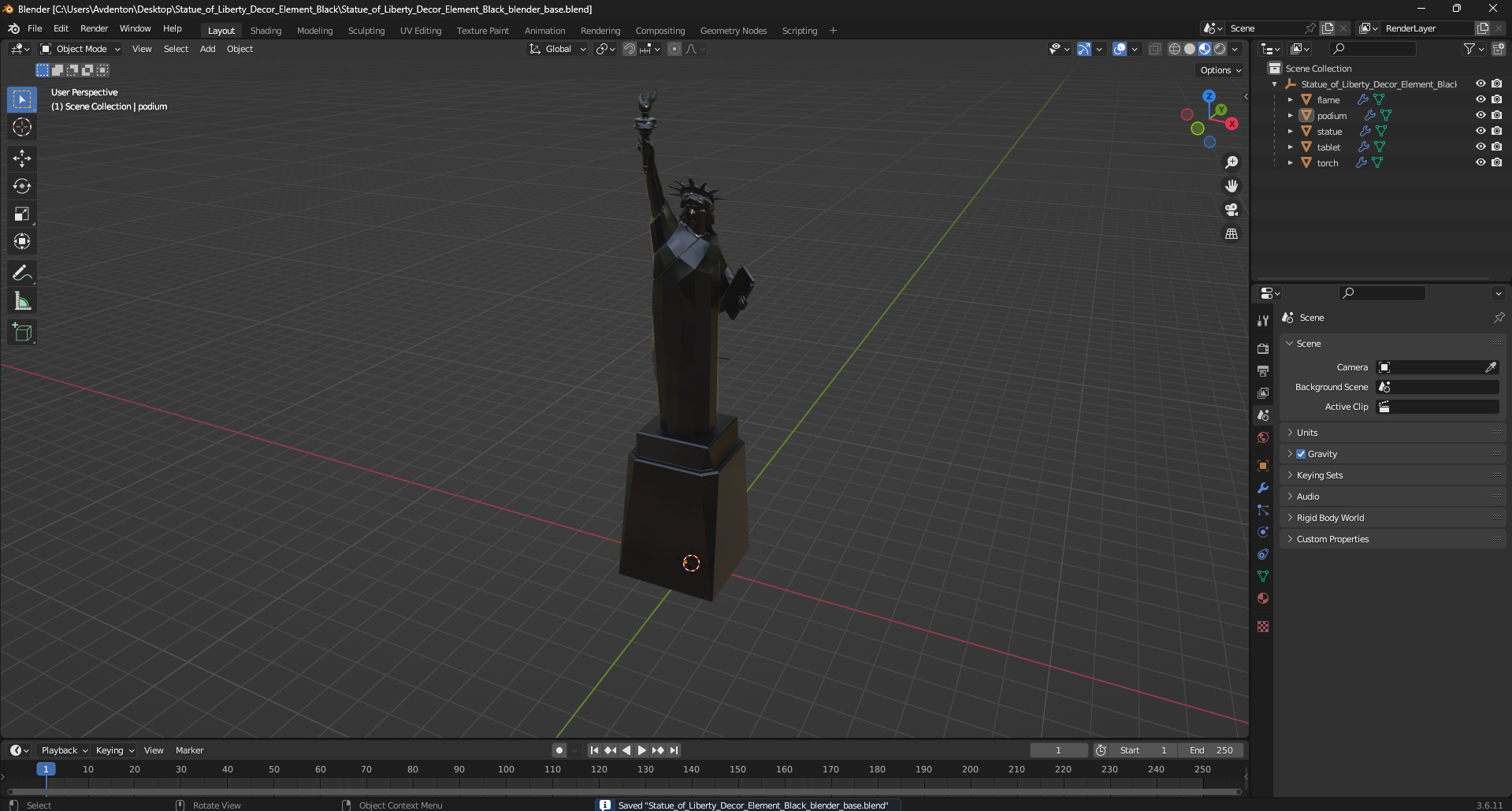 Statue of Liberty Decor Element Black 3D