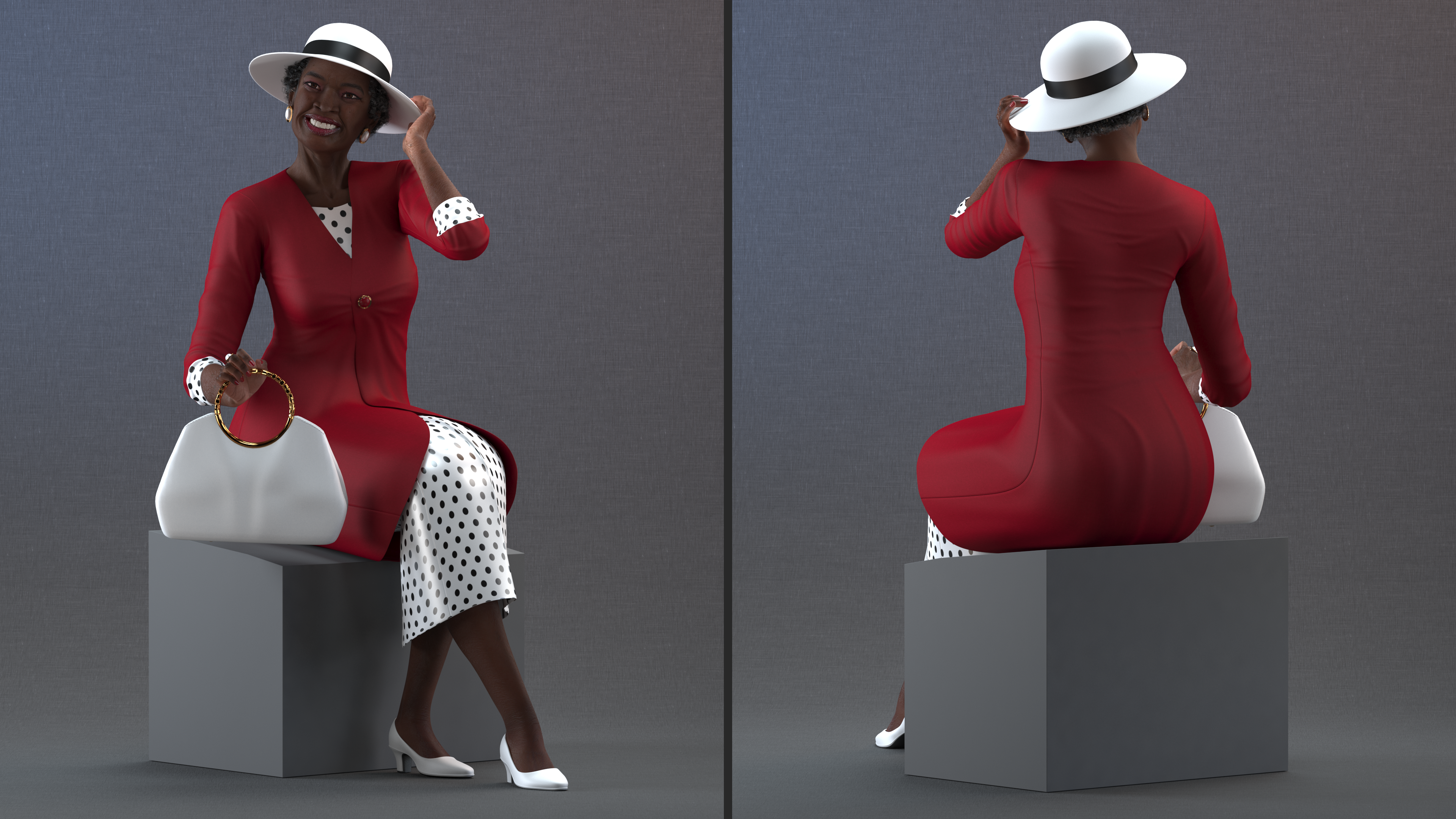 Old Afro American Woman Evening Dress Sitting, view 2
