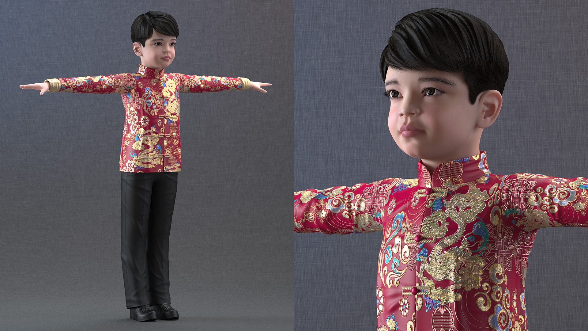 Chinese Boy Traditional Tang Jacket T-pose 3D