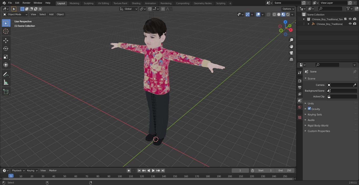 Chinese Boy Traditional Tang Jacket T-pose 3D