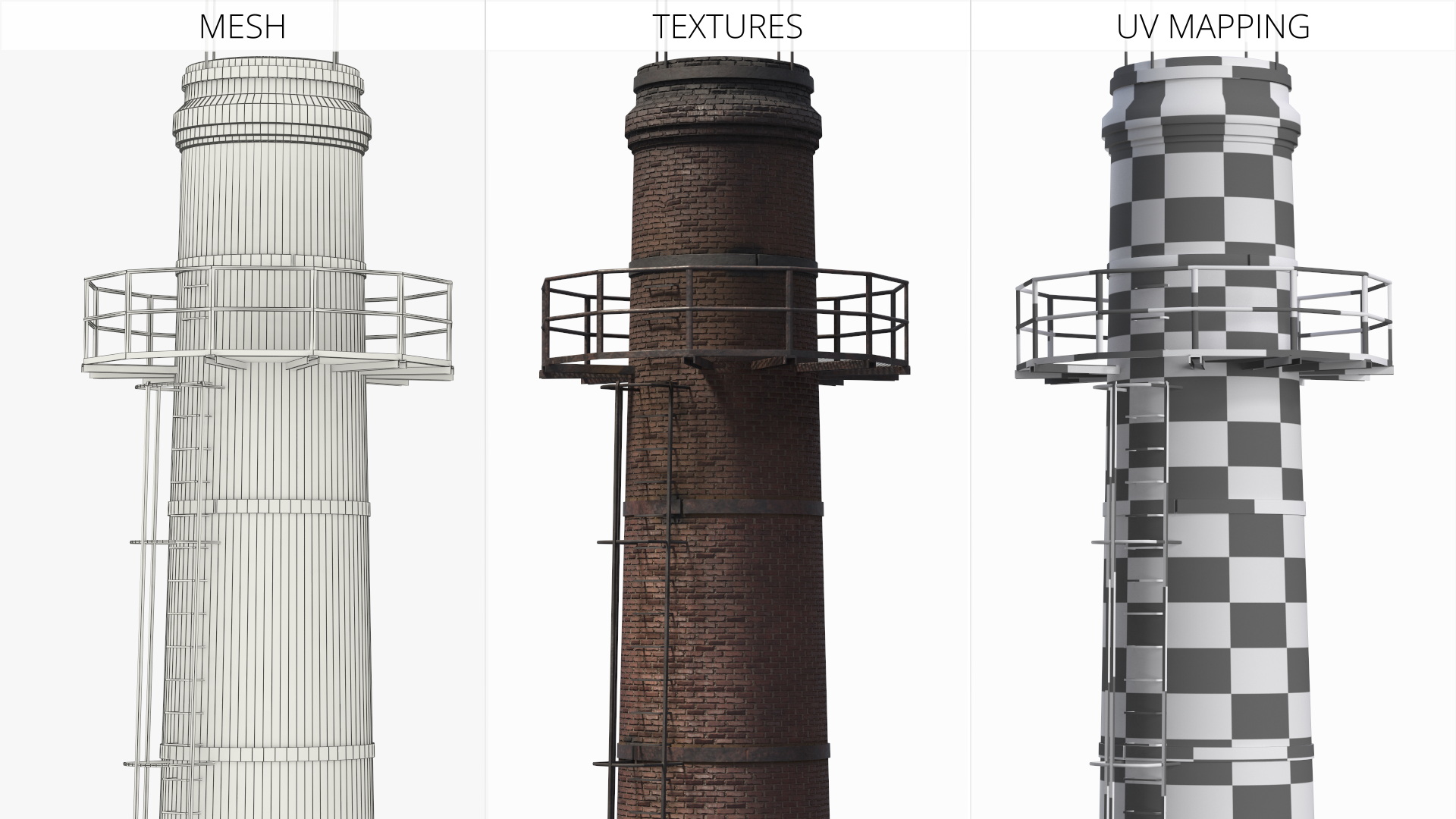 Old Industrial Brick Chimney with Staircase Game Ready, view 6
