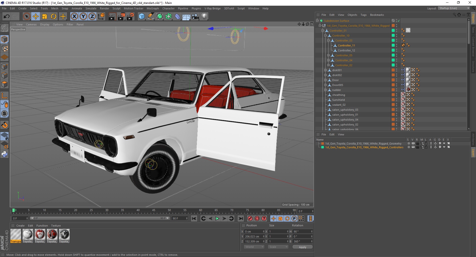3D 1st Gen Toyota Corolla E10 1966 White Rigged for Cinema 4D model