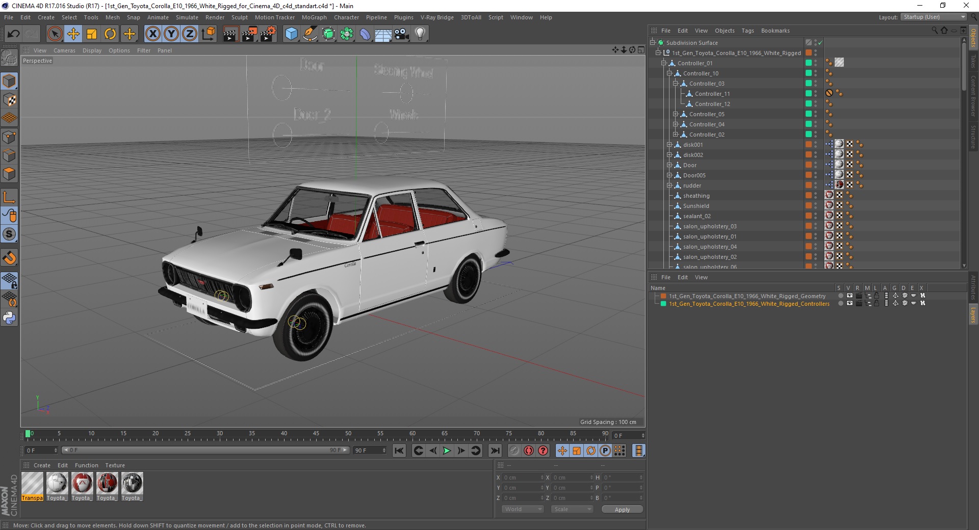 3D 1st Gen Toyota Corolla E10 1966 White Rigged for Cinema 4D model