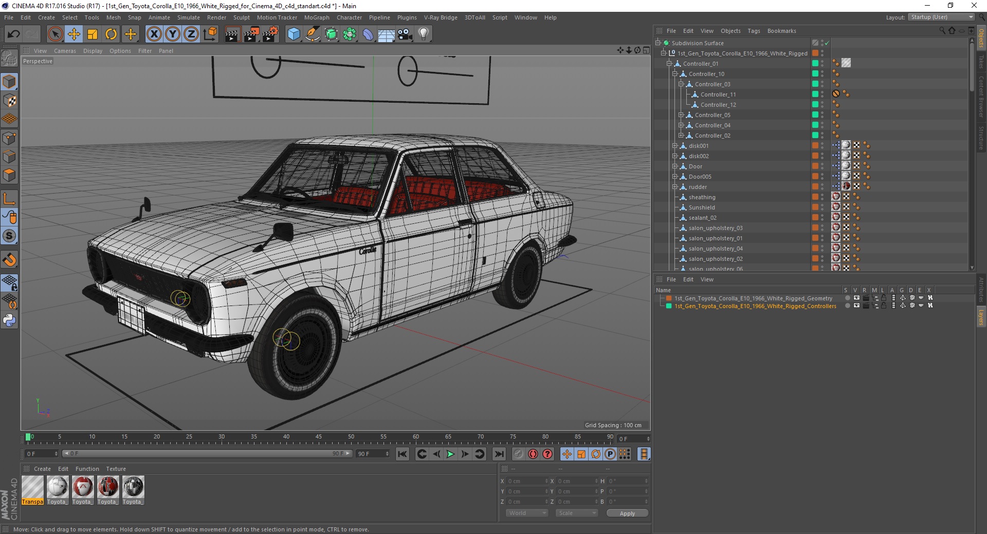 3D 1st Gen Toyota Corolla E10 1966 White Rigged for Cinema 4D model