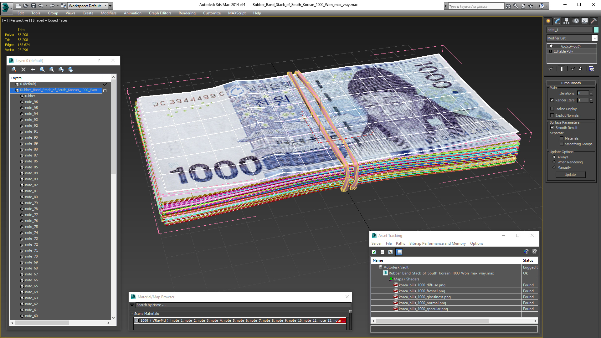Rubber Band Stack of South Korean 1000 Won 3D
