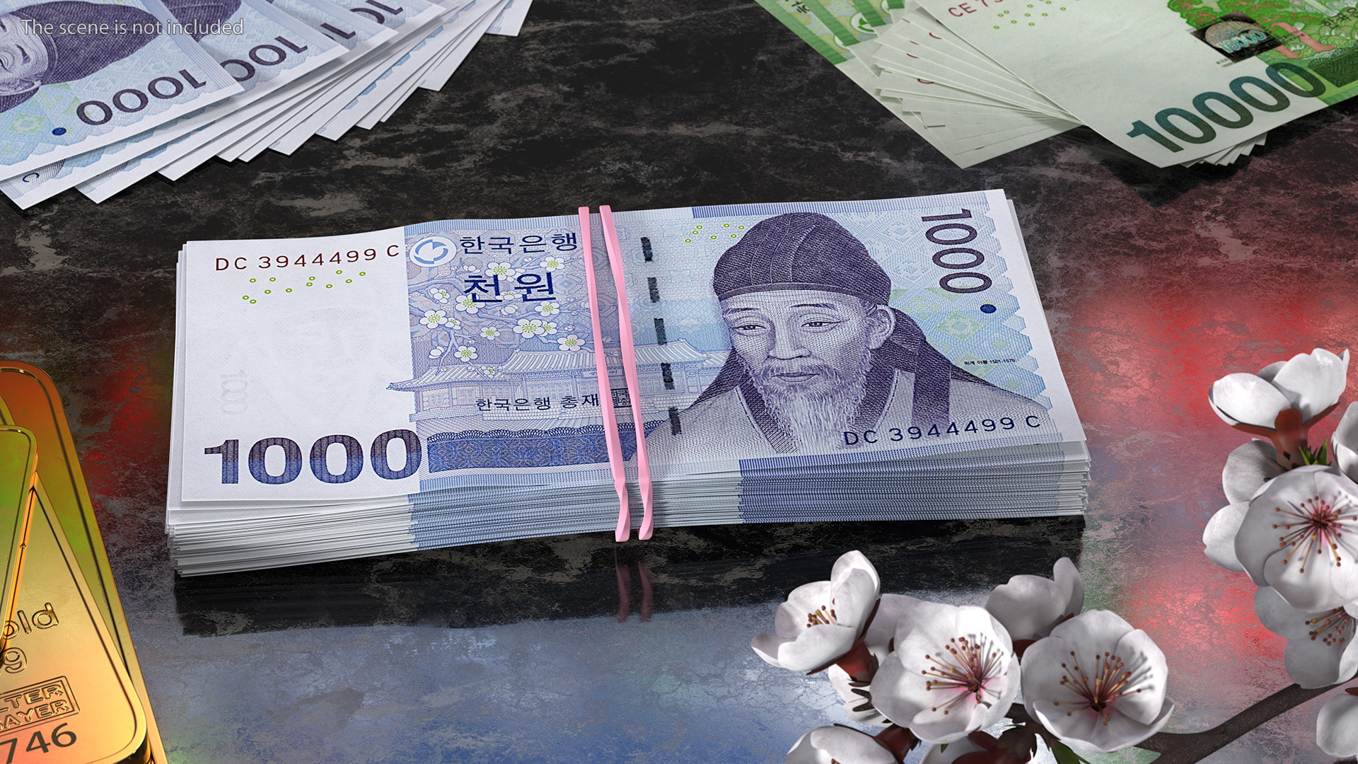 Rubber Band Stack of South Korean 1000 Won 3D