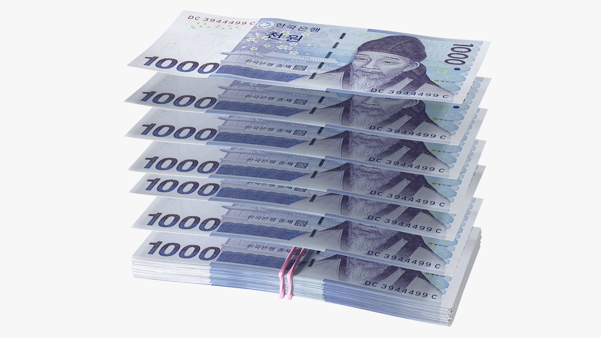 Rubber Band Stack of South Korean 1000 Won 3D