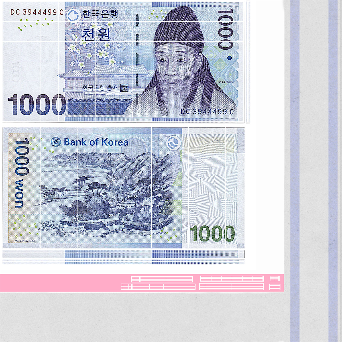 Rubber Band Stack of South Korean 1000 Won 3D