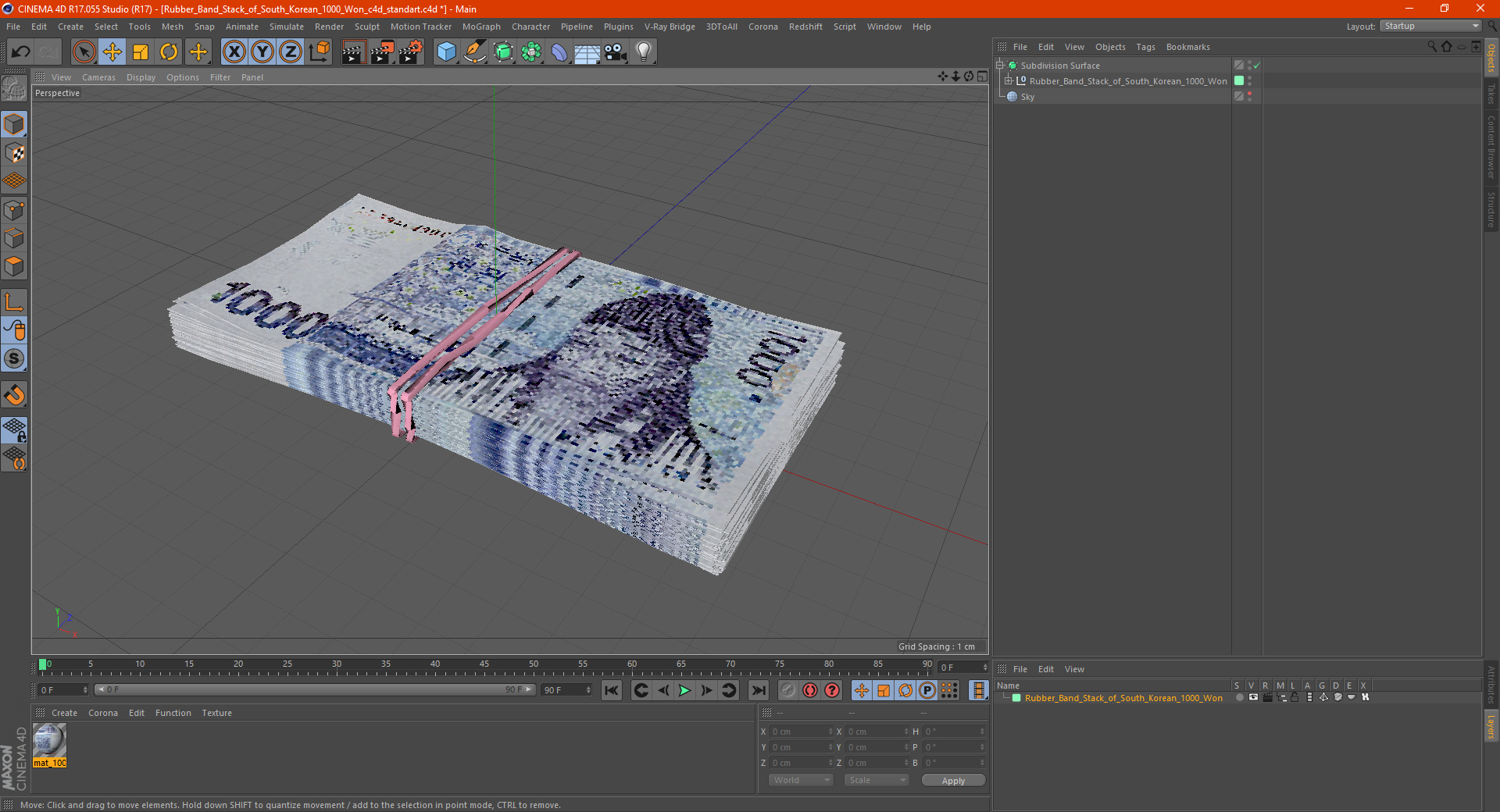 Rubber Band Stack of South Korean 1000 Won 3D