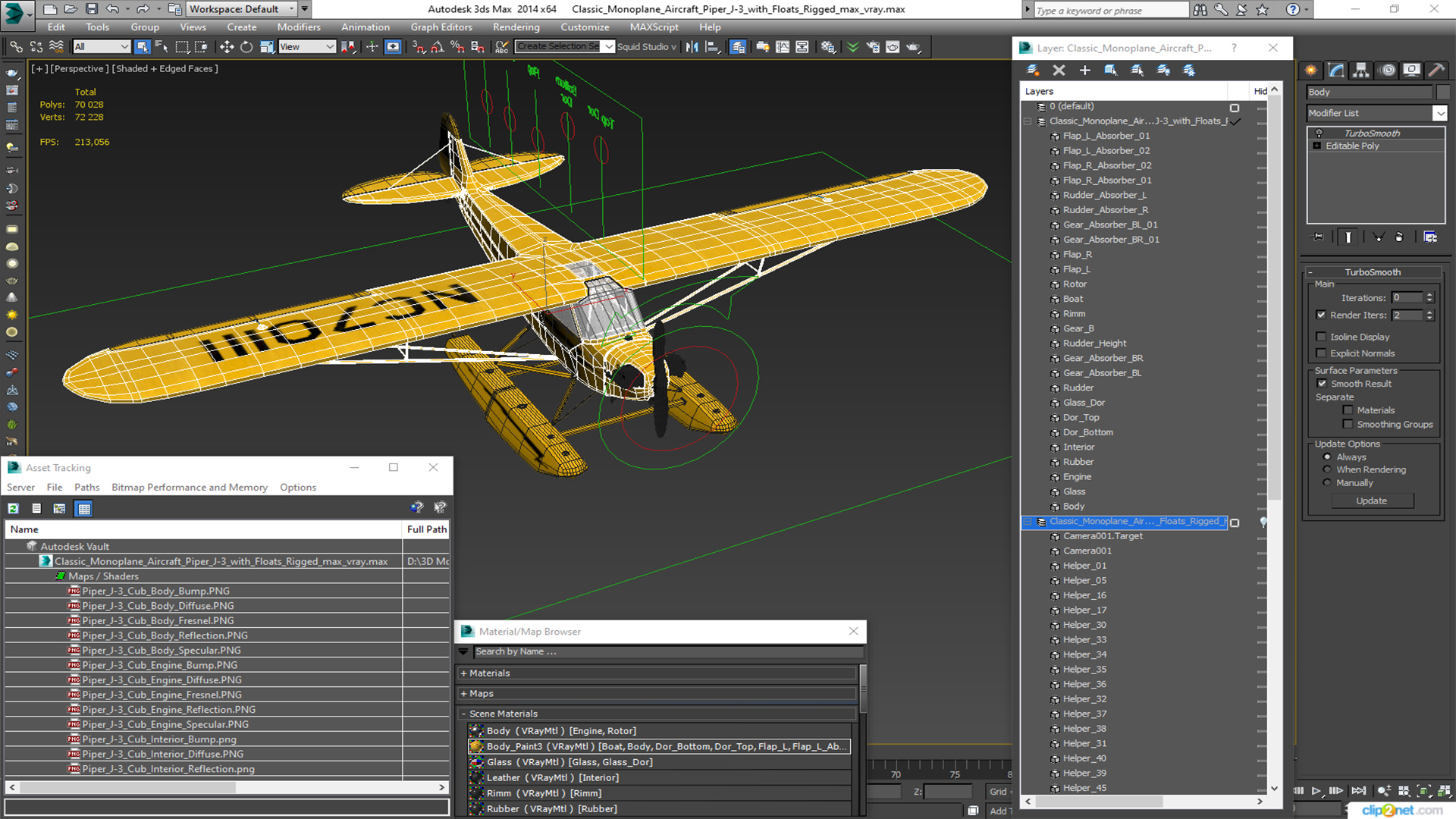 Classic Monoplane Aircraft Piper J-3 with Floats Rigged for Cinema 4D 3D model