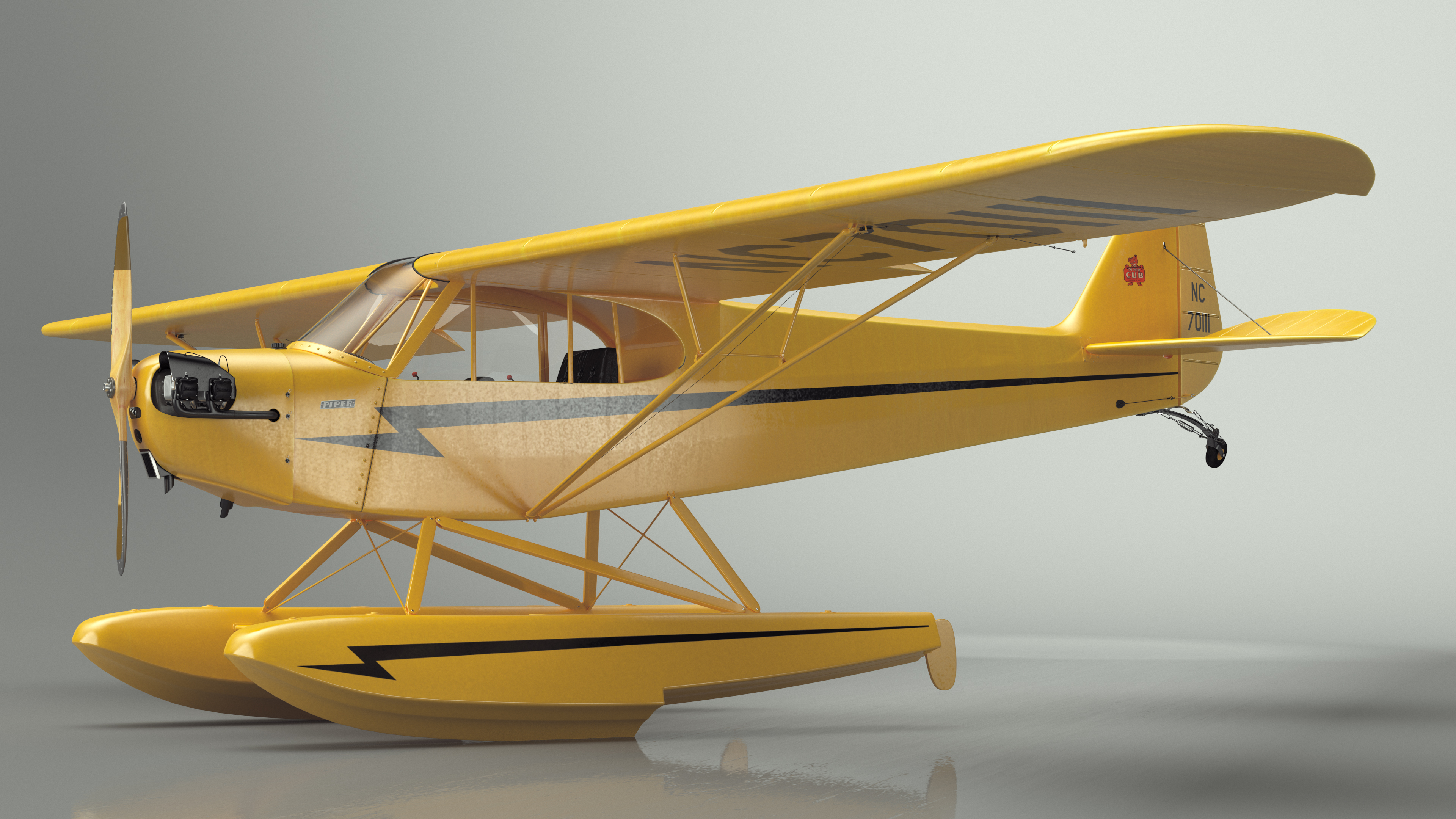 Classic Monoplane Aircraft Piper J-3 with Floats Rigged for Cinema 4D 3D model