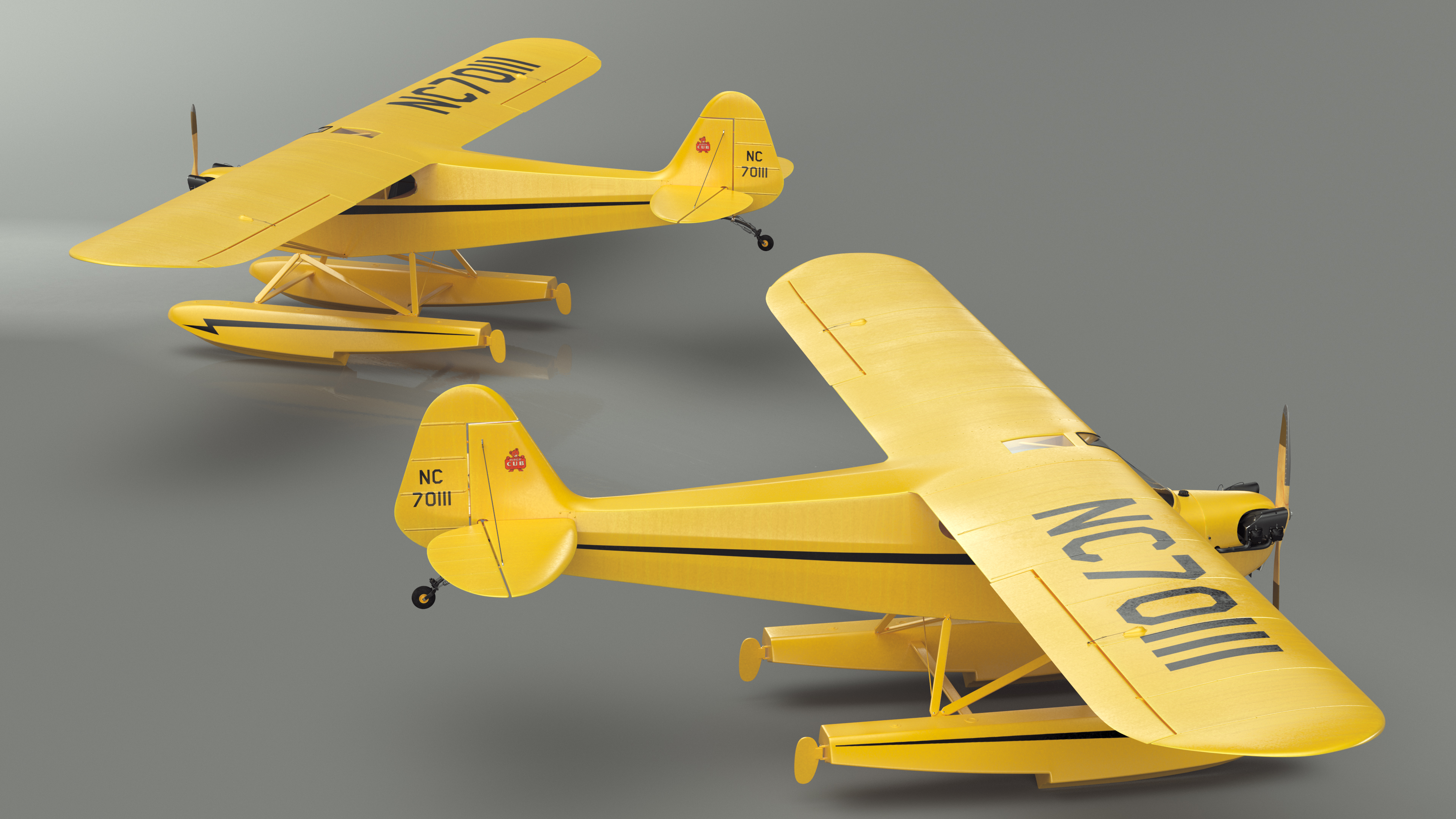 Classic Monoplane Aircraft Piper J-3 with Floats Rigged for Cinema 4D 3D model