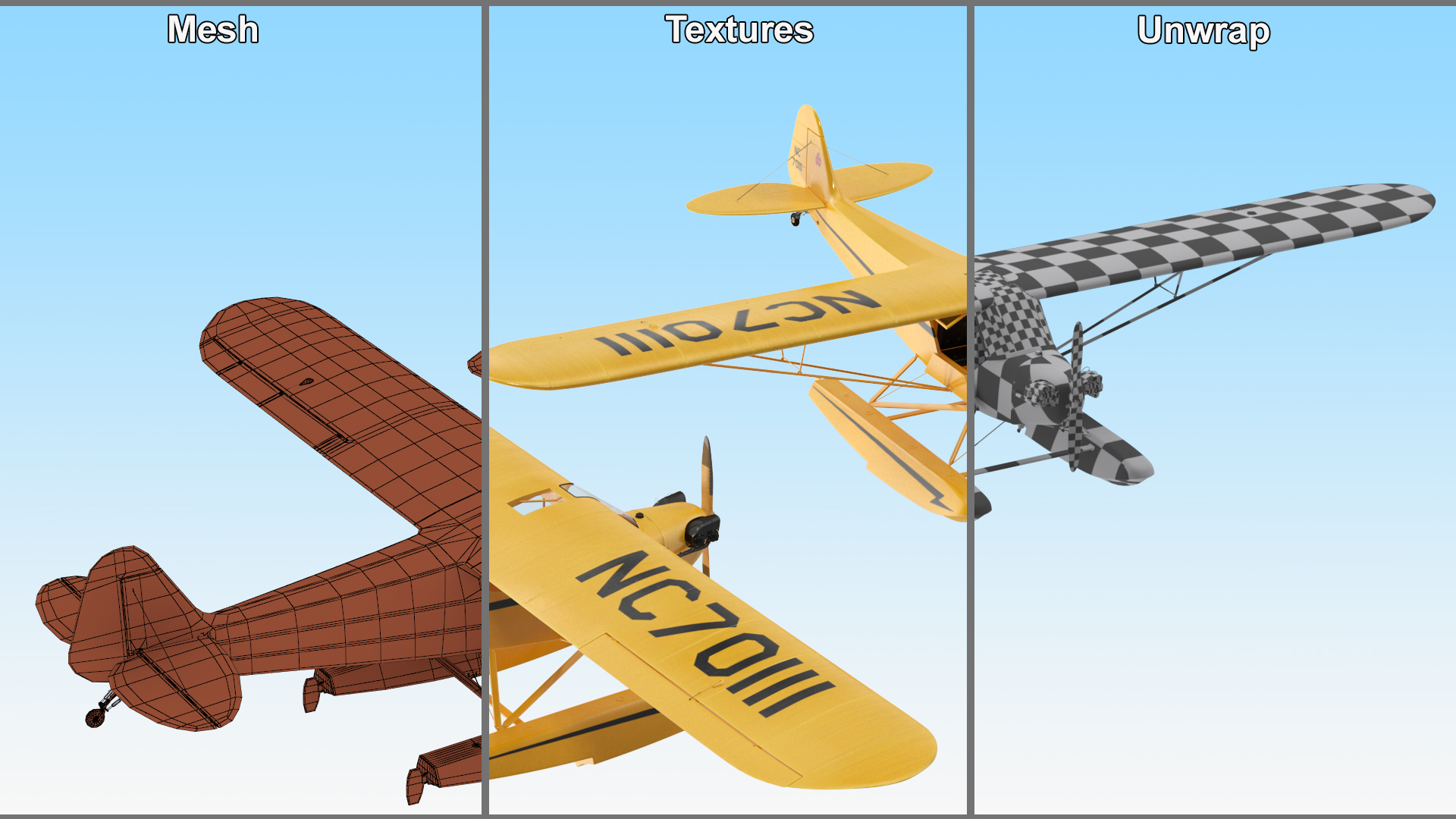 Classic Monoplane Aircraft Piper J-3 with Floats Rigged for Cinema 4D 3D model