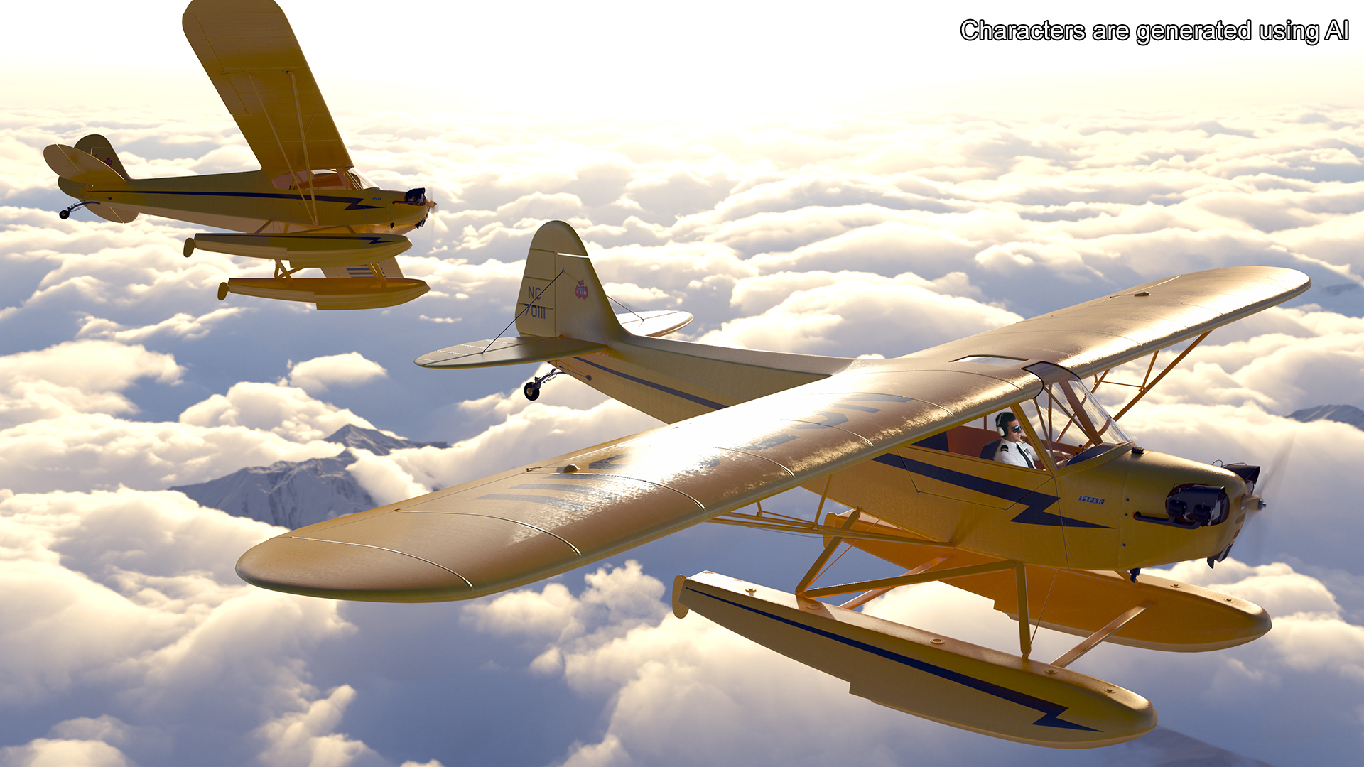 Classic Monoplane Aircraft Piper J-3 with Floats Rigged for Cinema 4D 3D model