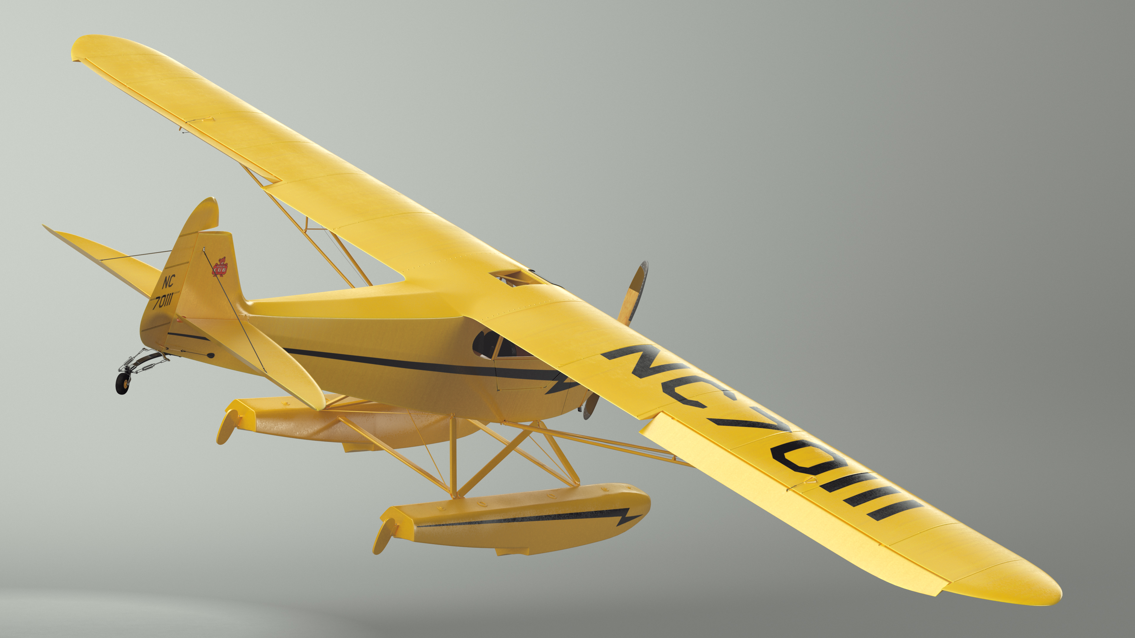 Classic Monoplane Aircraft Piper J-3 with Floats Rigged for Cinema 4D 3D model