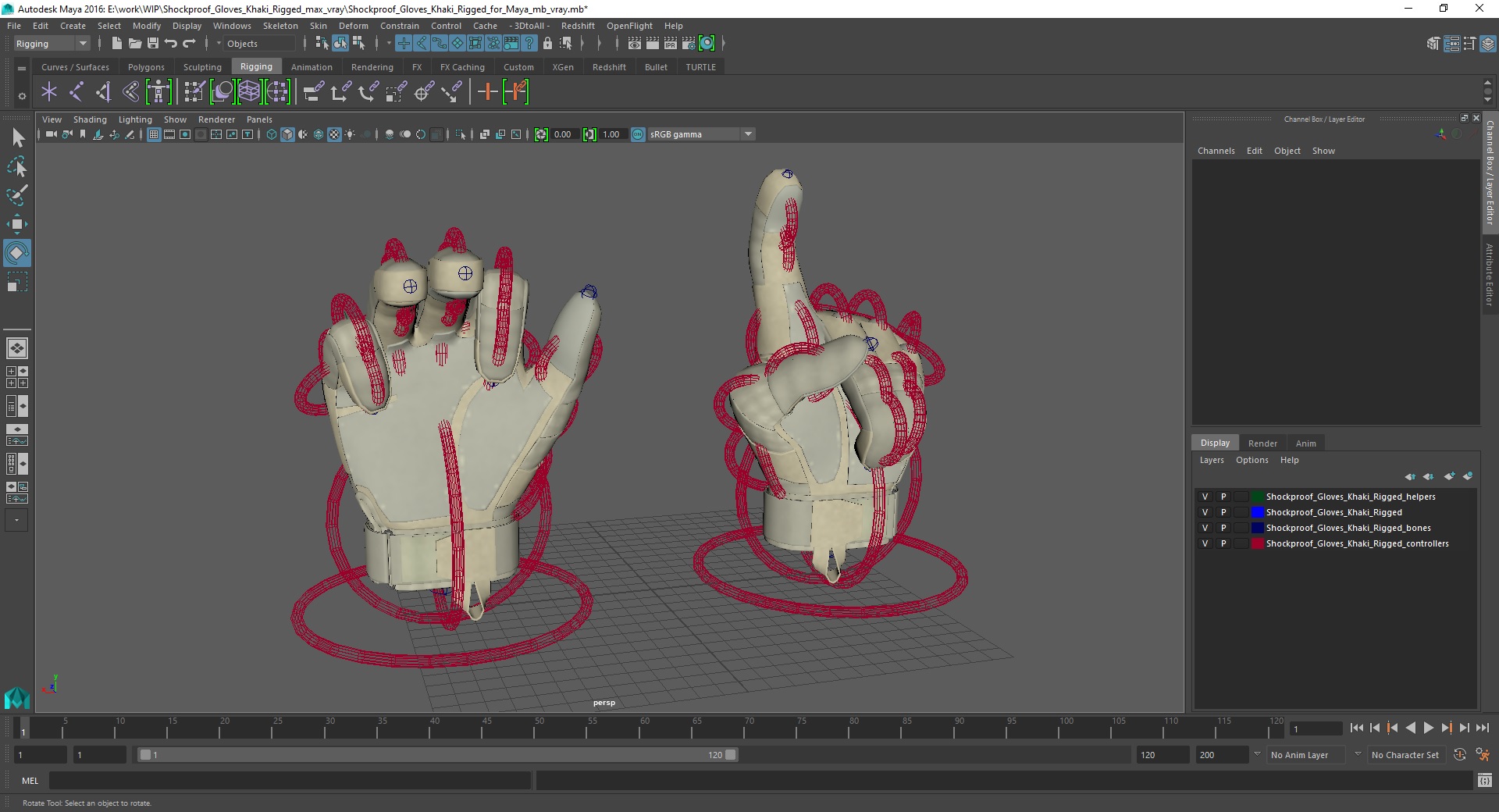 Shockproof Gloves Khaki Rigged for Maya 3D model