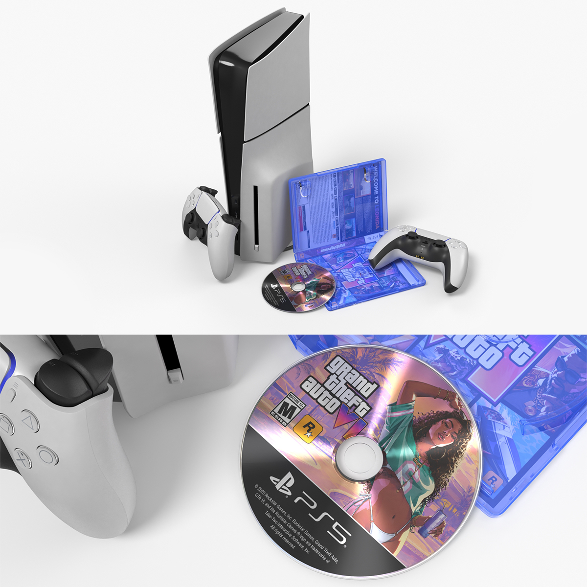PlayStation 5 with GTA 6 Case and Disc Set 3D model preview