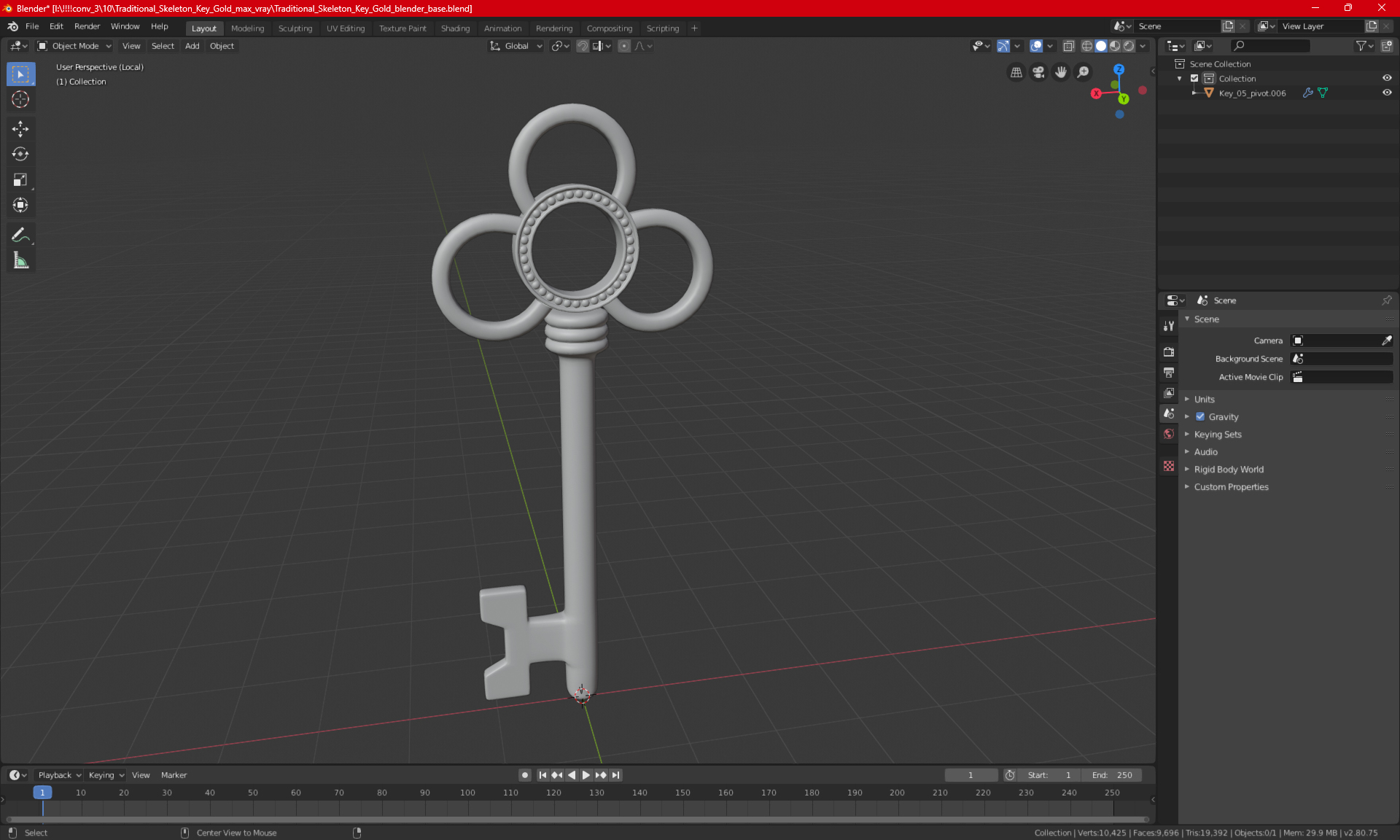 3D Traditional Skeleton Key Silver