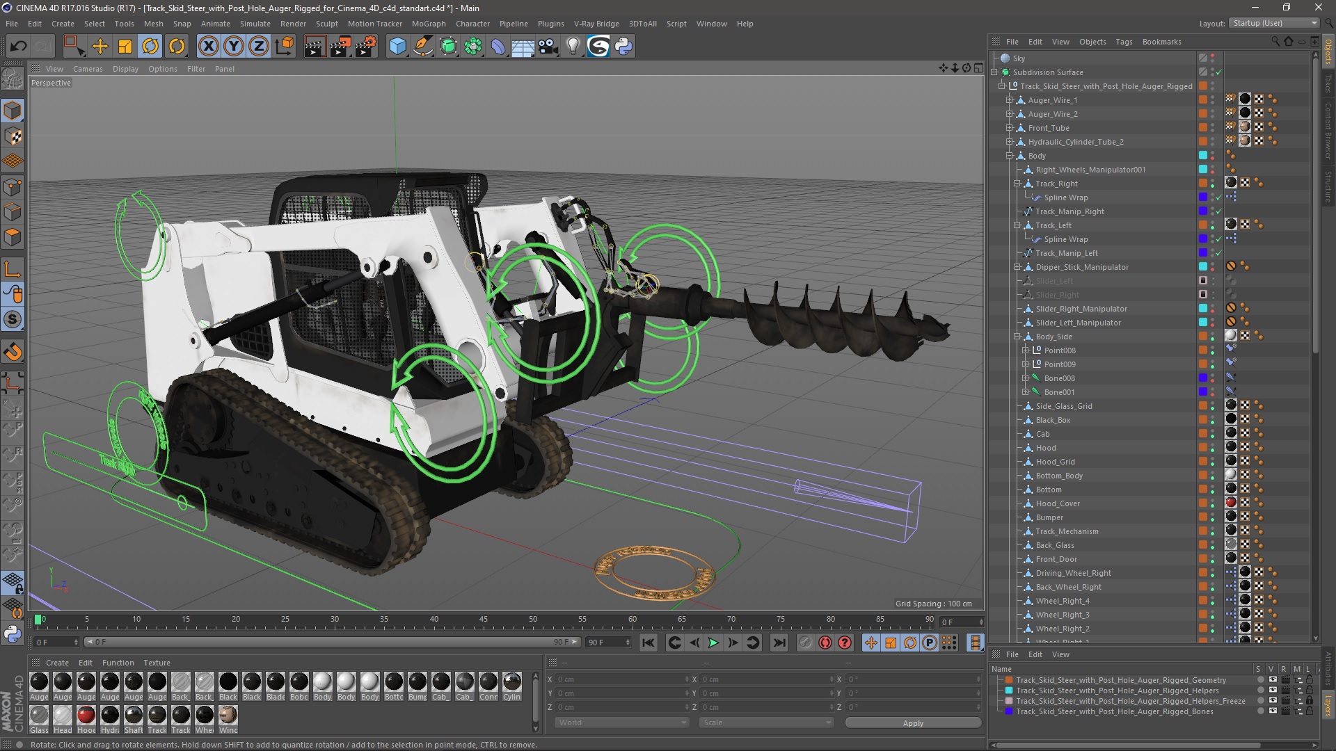 3D Track Skid Steer with Post Hole Auger Rigged for Cinema 4D model