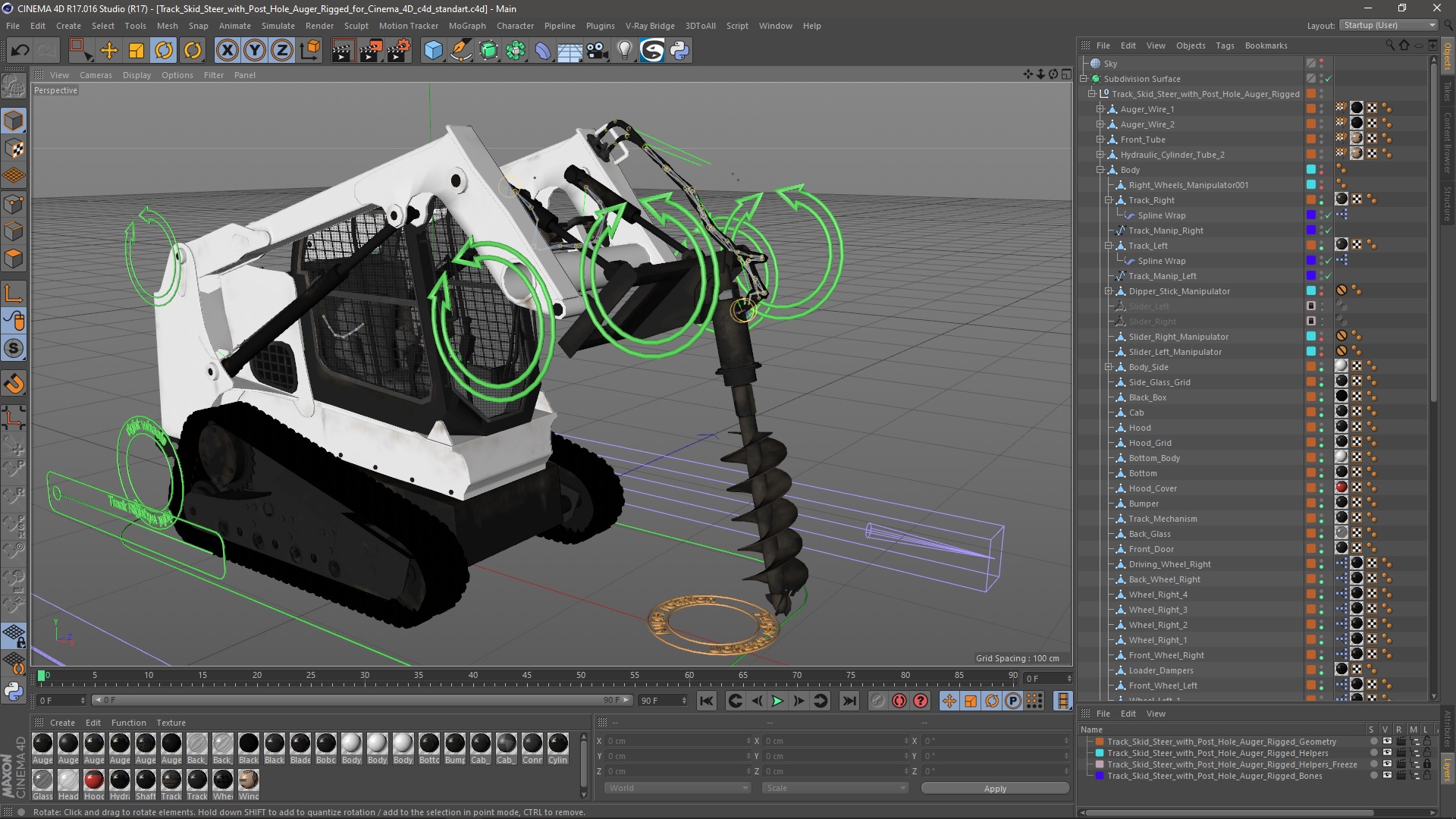 3D Track Skid Steer with Post Hole Auger Rigged for Cinema 4D model