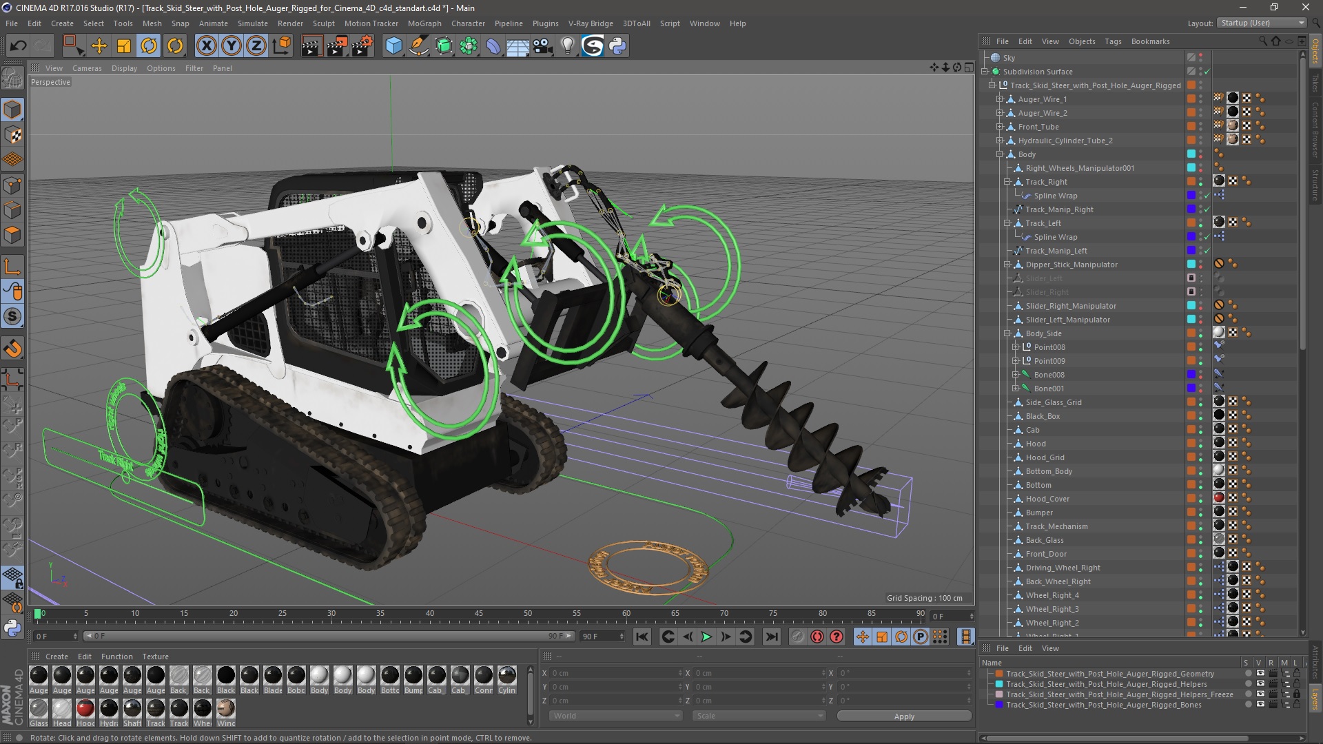3D Track Skid Steer with Post Hole Auger Rigged for Cinema 4D model