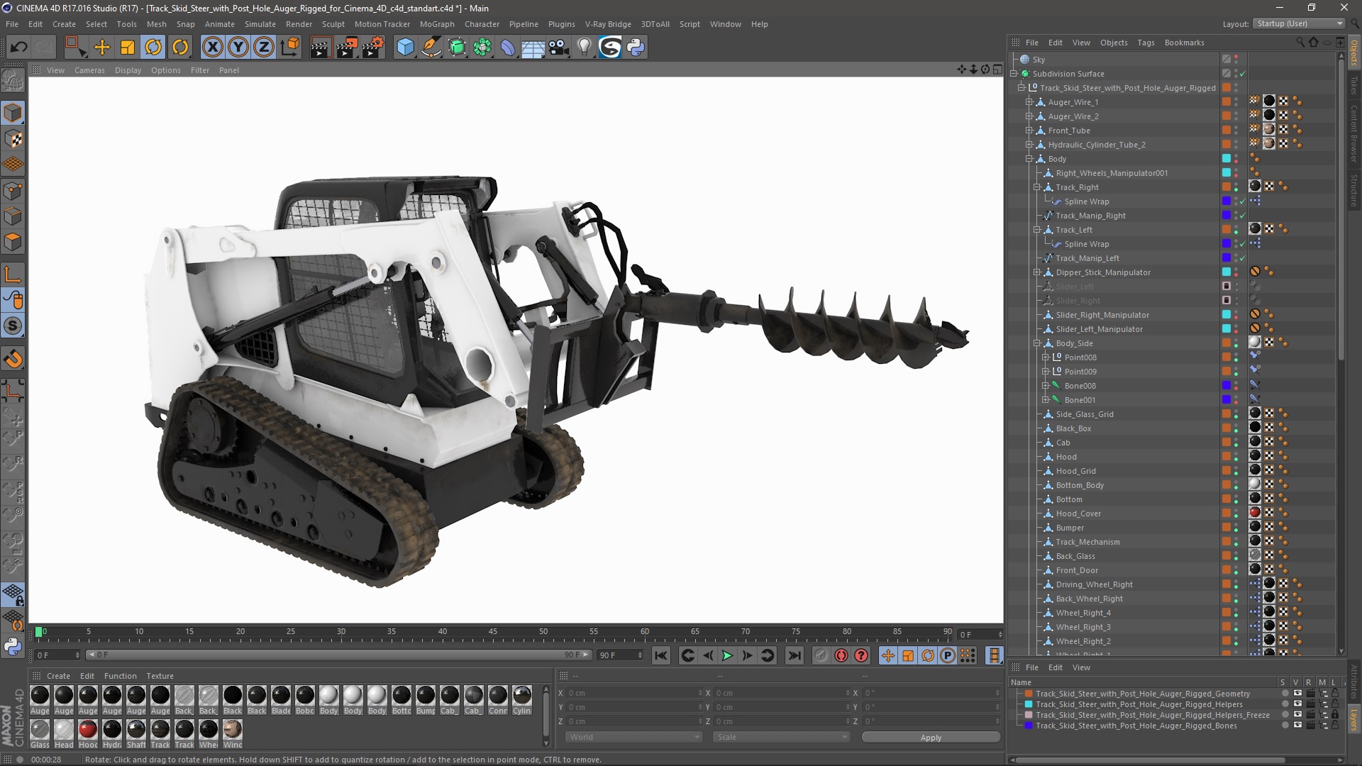 3D Track Skid Steer with Post Hole Auger Rigged for Cinema 4D model