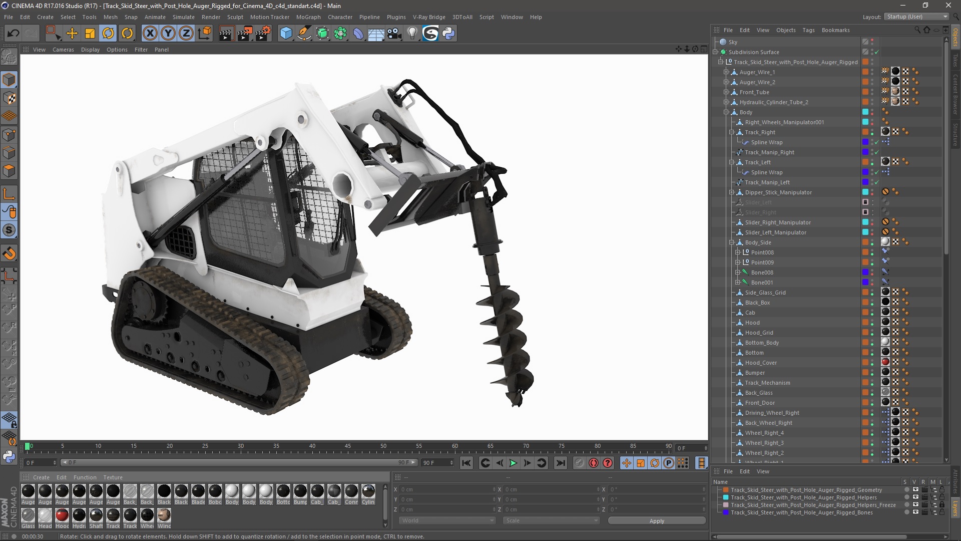 3D Track Skid Steer with Post Hole Auger Rigged for Cinema 4D model