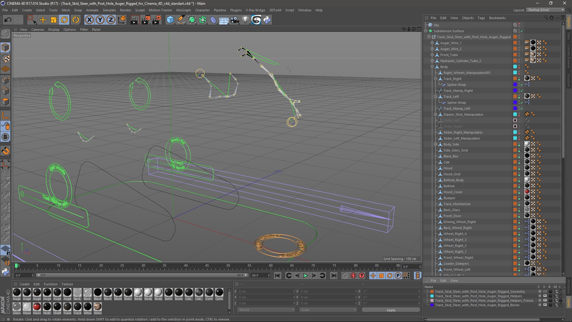 3D Track Skid Steer with Post Hole Auger Rigged for Cinema 4D model