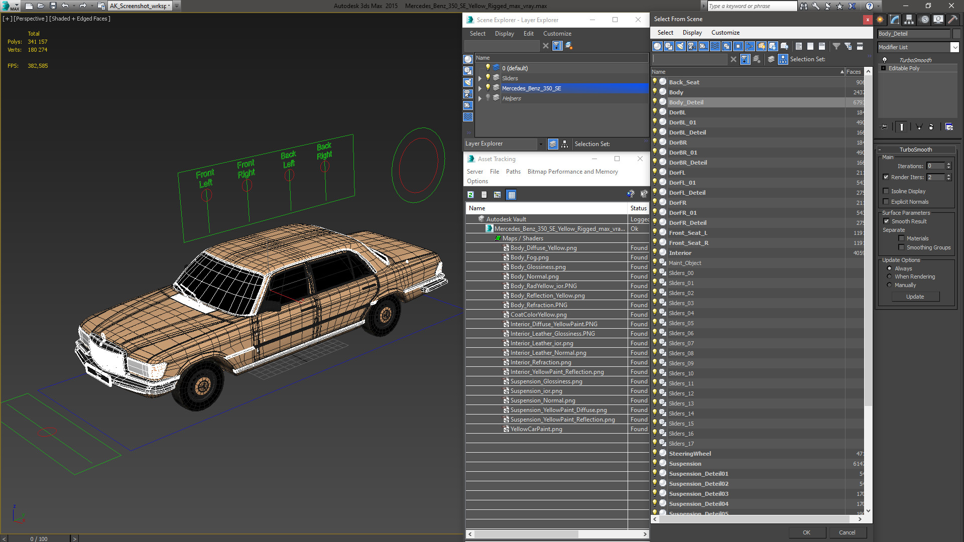 Mercedes Benz 350 SE Yellow Rigged 3D model