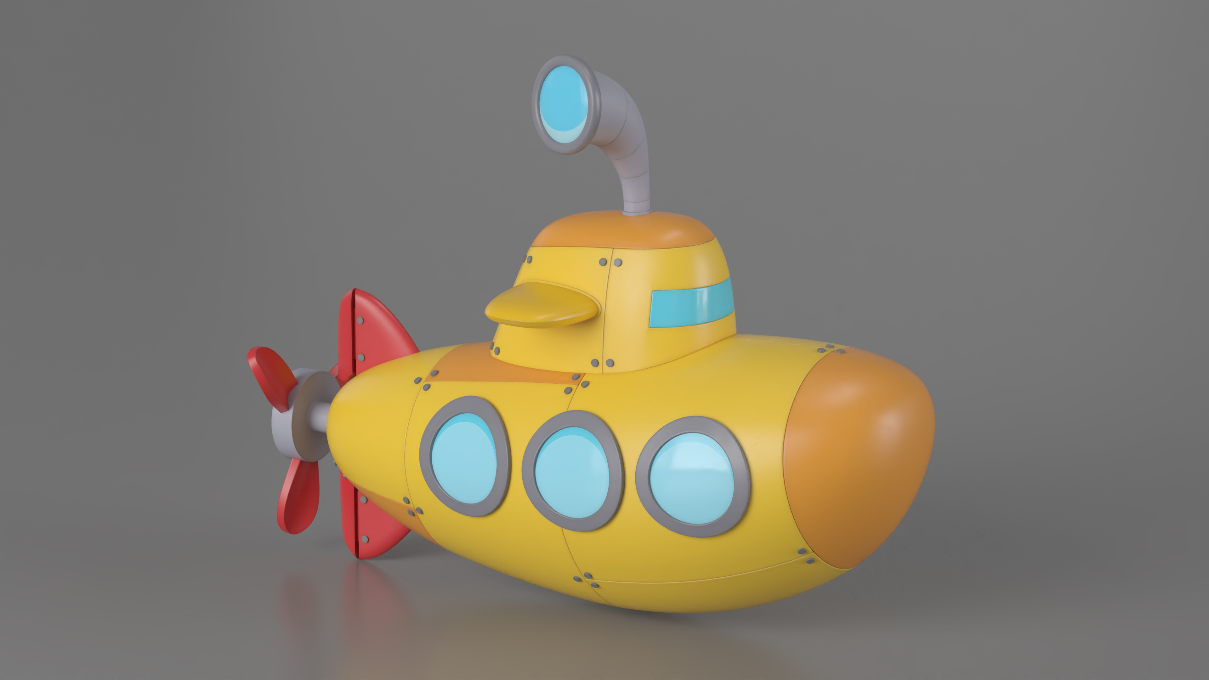 3D Cute Submarine Cartoon Orange Rigged