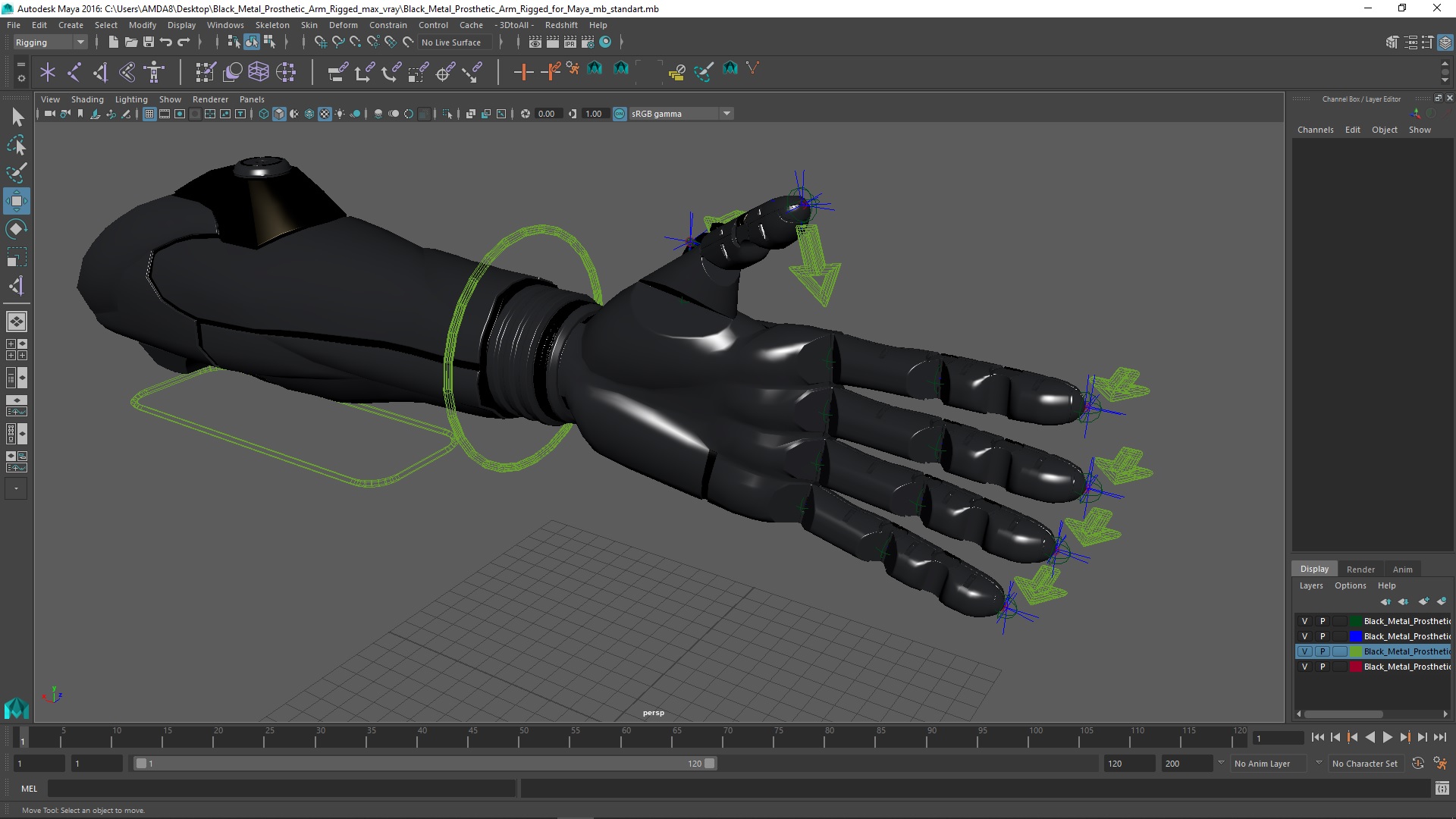 Black Metal Prosthetic Arm Rigged for Maya 3D