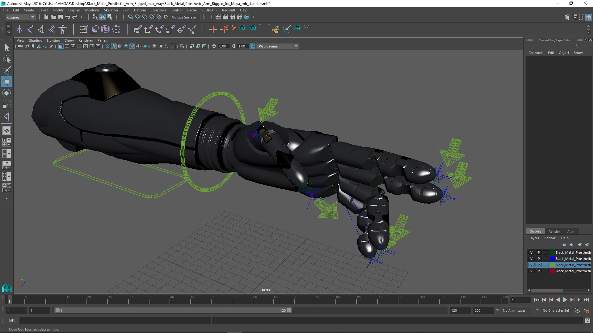 Black Metal Prosthetic Arm Rigged for Maya 3D