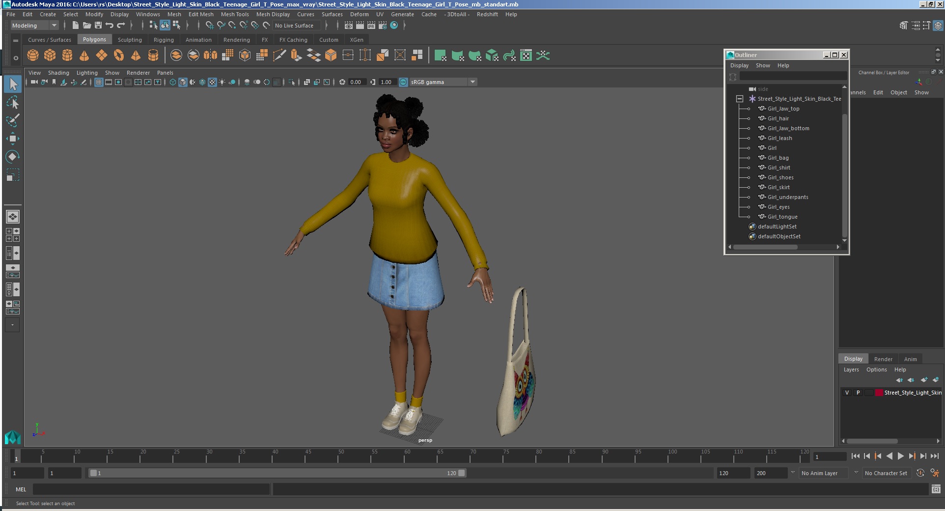 3D Street Style Light Skin Black Young Woman T Pose model