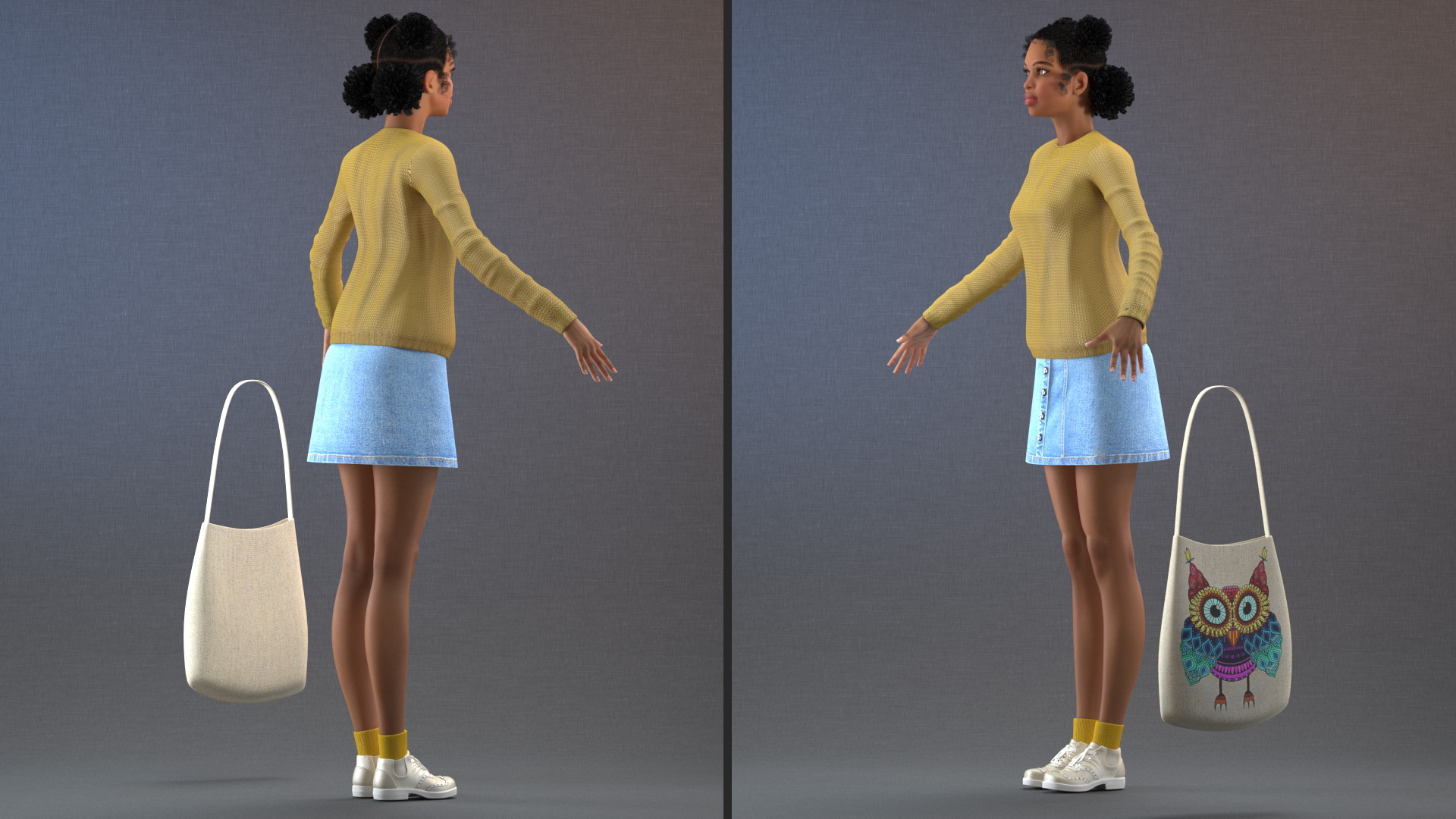 3D Street Style Light Skin Black Young Woman T Pose model