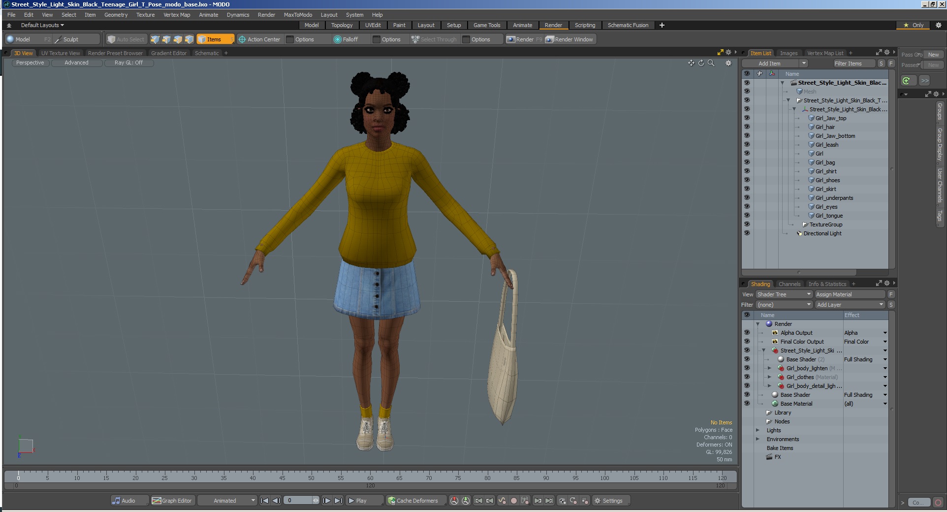 3D Street Style Light Skin Black Young Woman T Pose model