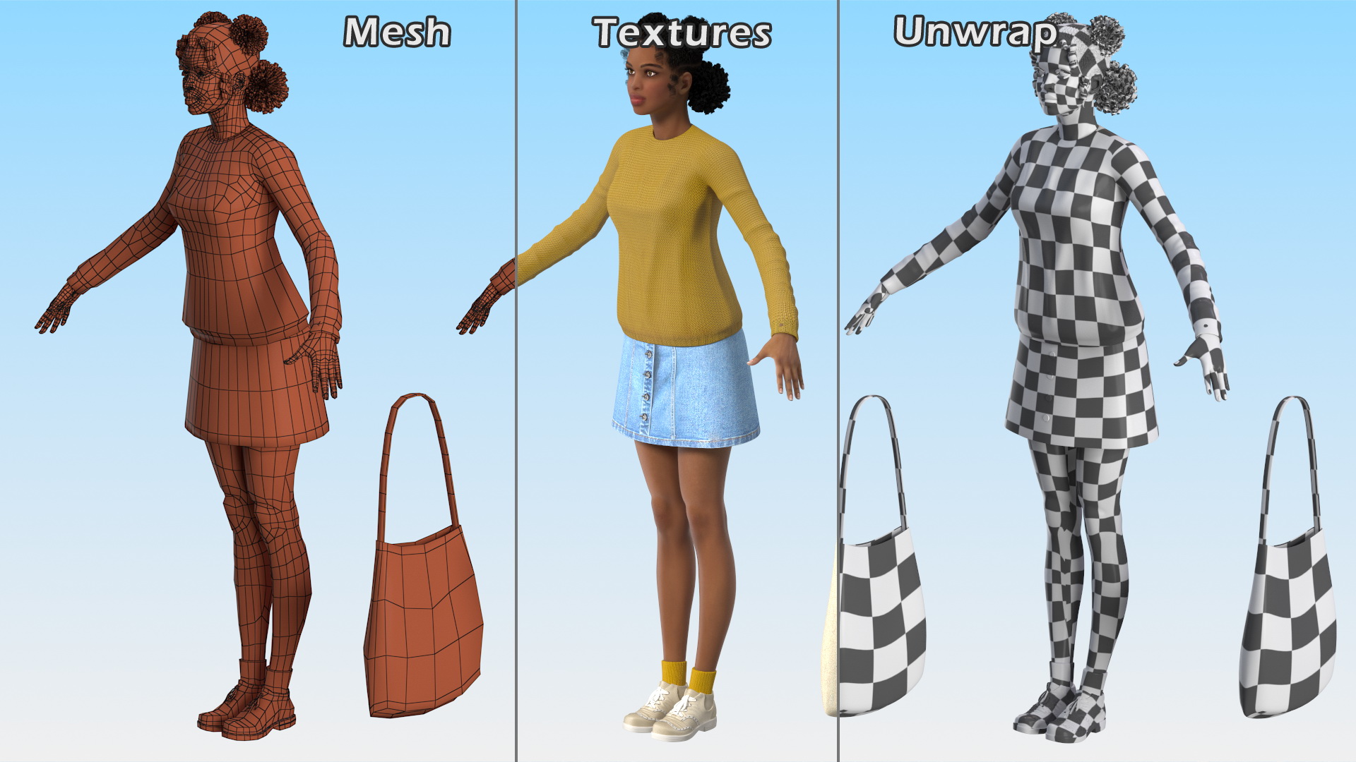 3D Street Style Light Skin Black Young Woman T Pose model