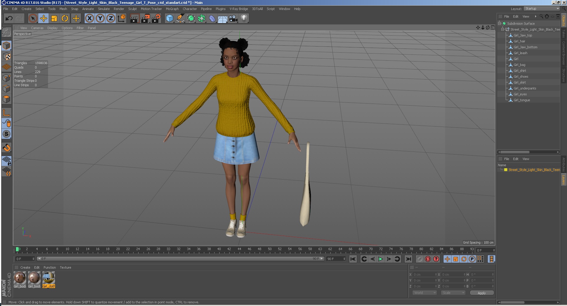 3D Street Style Light Skin Black Young Woman T Pose model