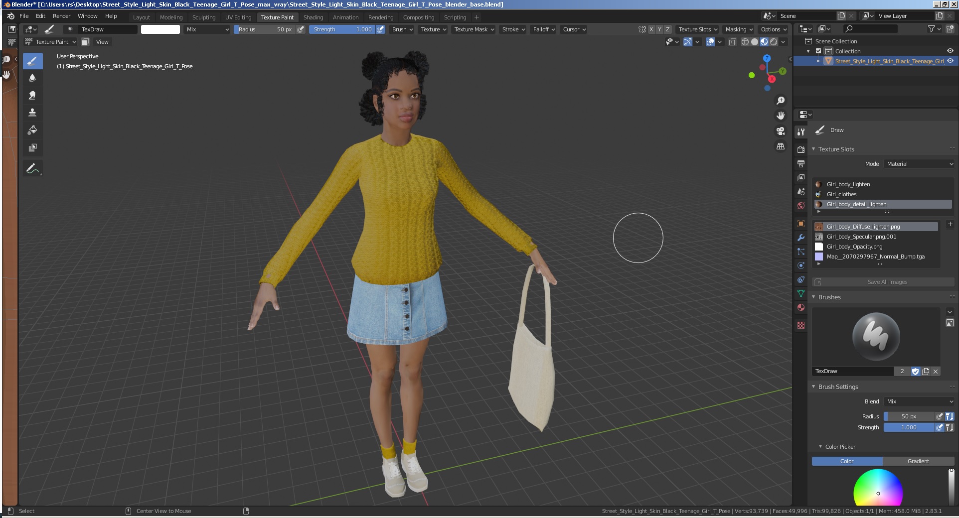 3D Street Style Light Skin Black Young Woman T Pose model