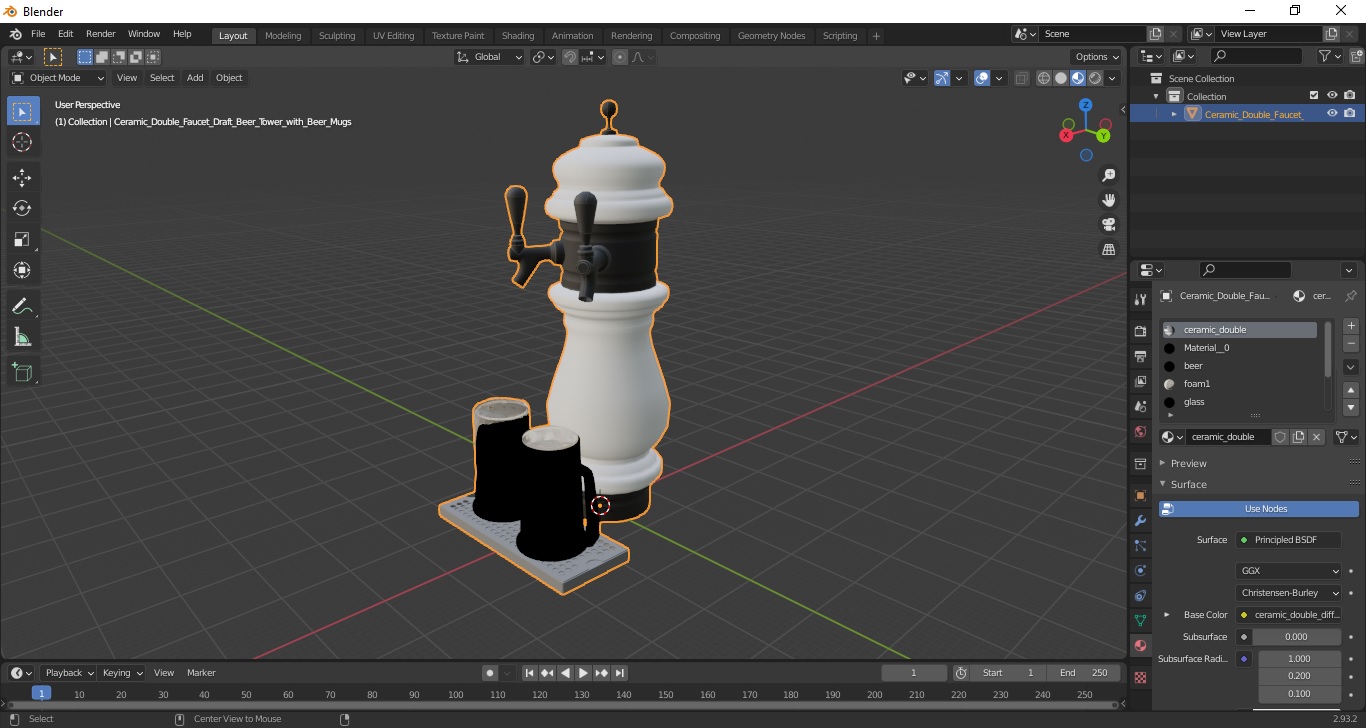 3D Ceramic Double Faucet Draft Beer Tower with Beer Mugs model