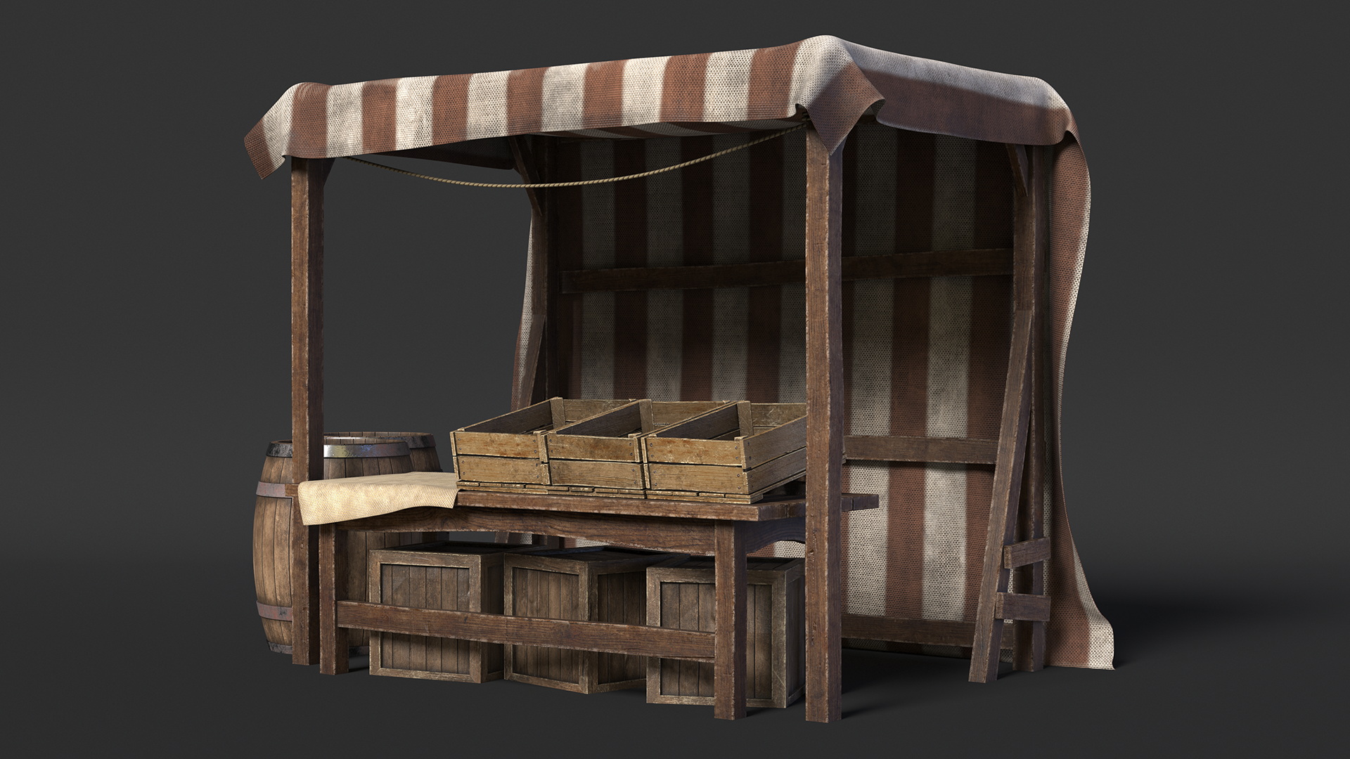 3D model Market Stall with Striped Awning and Wooden Crates