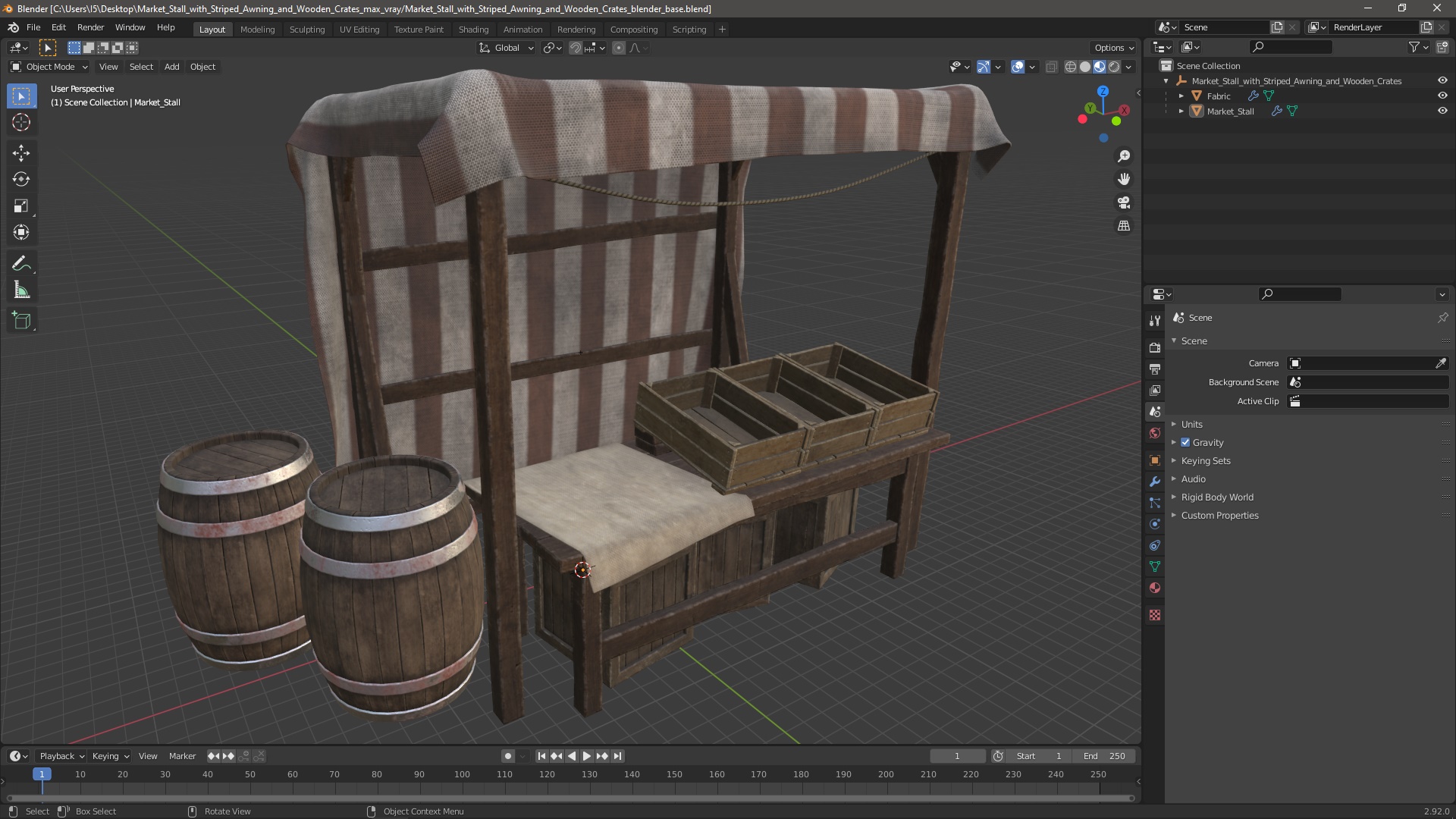 3D model Market Stall with Striped Awning and Wooden Crates