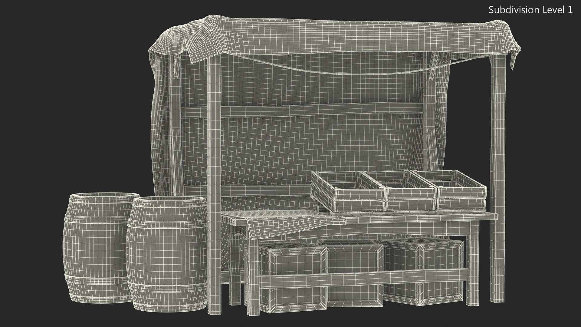 3D model Market Stall with Striped Awning and Wooden Crates